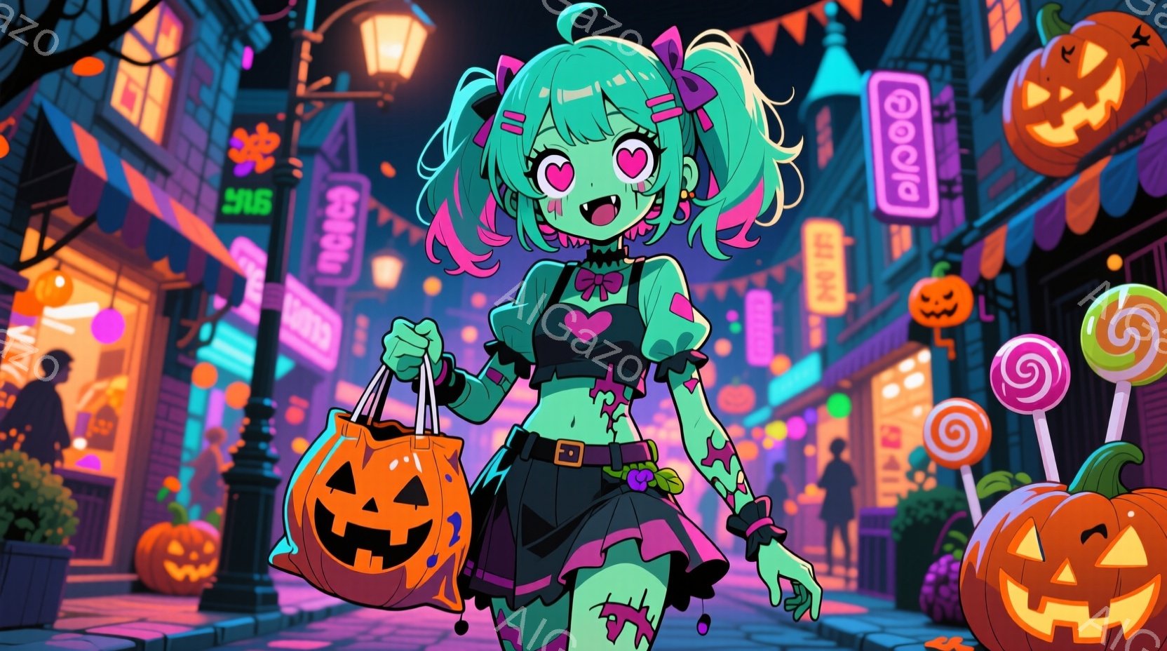 明るい緑色の肌をした若い女性が、ハロウィーンの仮装をして立っています。彼女は黒いフリルミニスカートと赤いリボンが飾られたトップスを着ており、緑色の髪はツインテールに結ばれています。背景には、カラフルな建物、かぼちゃのランタン、キャンディが散りばめられ、賑やかなハロウィーンの夜の雰囲気を醸し出しています。
