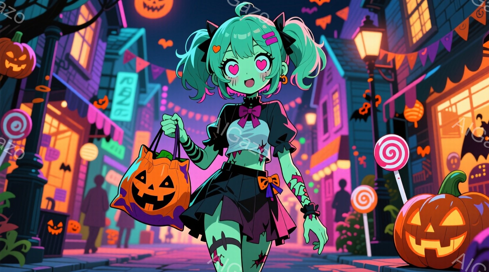 明るい緑色の肌をした少女が、ハロウィーンの仮装をして立っている。彼女は黒いリボンとフリルのついたトップス、チェック柄のミニスカート、ニーハイソックスを着用し、紫色のカボチャの形をしたバッグを持っている - AI生成フリー素材