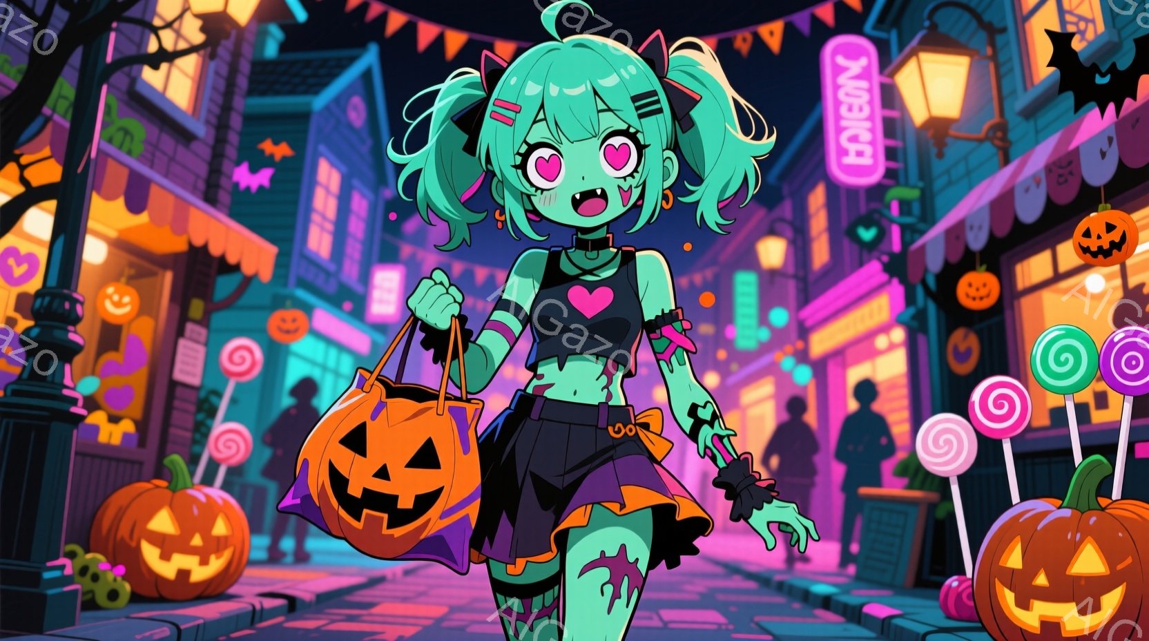 明るいハロウィーンの背景に、緑色の肌をした若い女性が立っています。彼女は黒いクロップドトップス、紫色の短いスカート、黒いニーハイソックスを着ており、オレンジ色のジャックオーランタンのバケツを持っています。彼女の髪は明るい緑色のツインテールで、目はハートの形をしています。