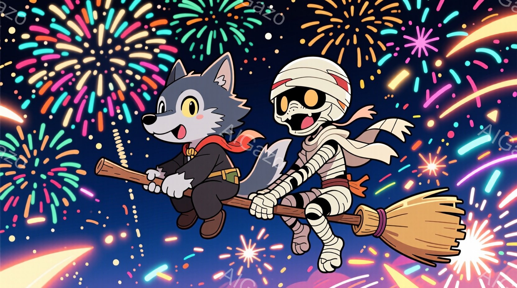 狼のキャラクターとミイラのキャラクターが、ほうきに乗って夜空を飛んでいます。狼はスーツを着て笑顔で、ミイラは包帯で覆われ、少し驚いた表情をしています。背景には、さまざまな色の花火が咲き乱れ、夜空を明る - AI生成フリー素材