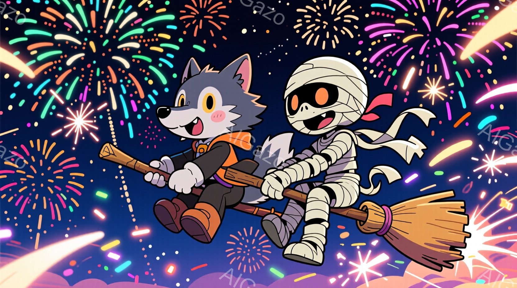 狼のキャラクターとミイラのキャラクターが、ほうきに乗って夜空を飛んでいます。狼はオレンジ色のベストを着て、笑顔で前を見つめており、ミイラは包帯で覆われていますが、楽しそうに笑っています。背景には、カラ - AI生成フリー素材