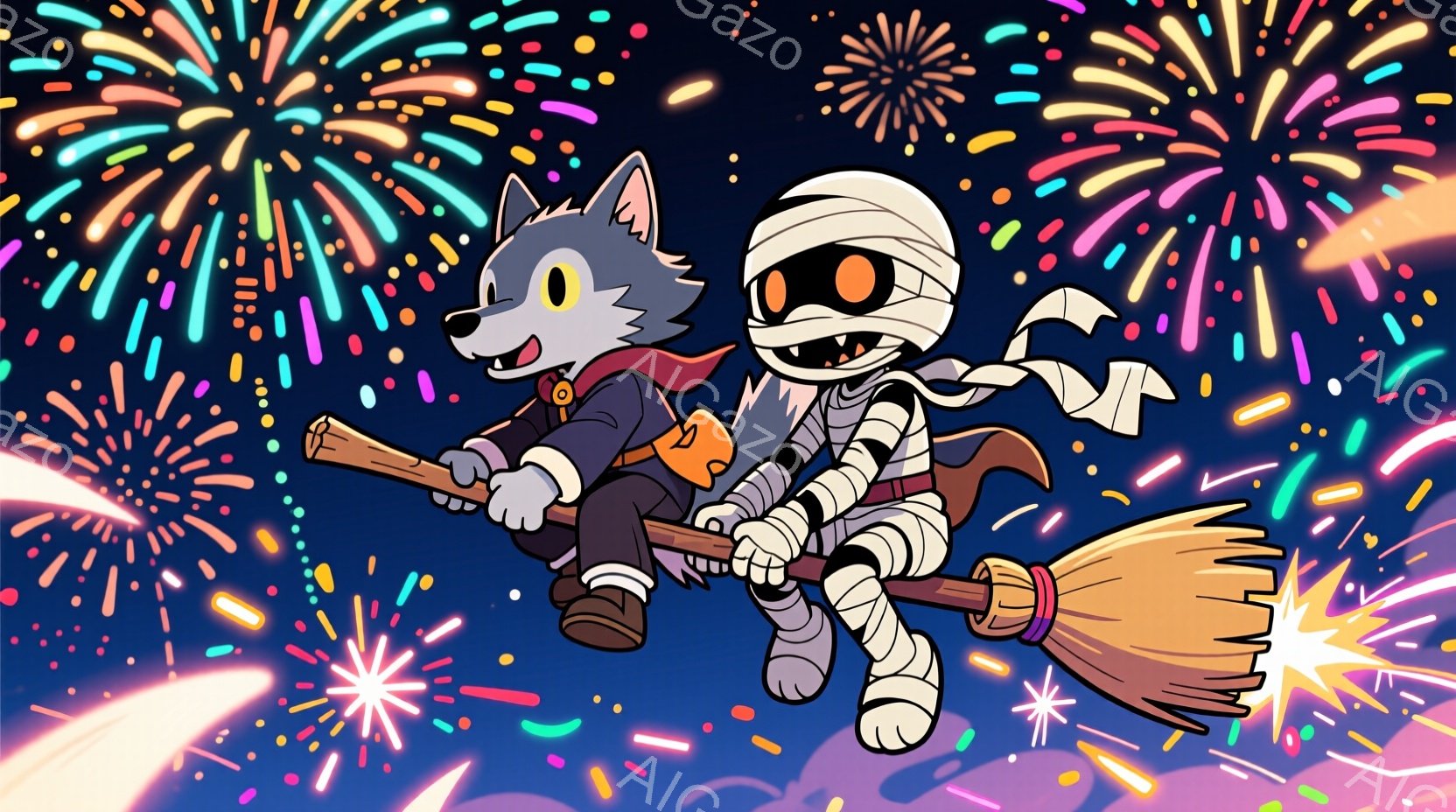 狼のキャラクターとミイラのキャラクターが、ほうきにまたがって夜空を飛んでいる様子が描かれています。狼は茶色のジャケットとズボンを着用し、赤いバンダナを巻いて楽しそうな表情をしています。背景には、夜空を - AI生成フリー素材