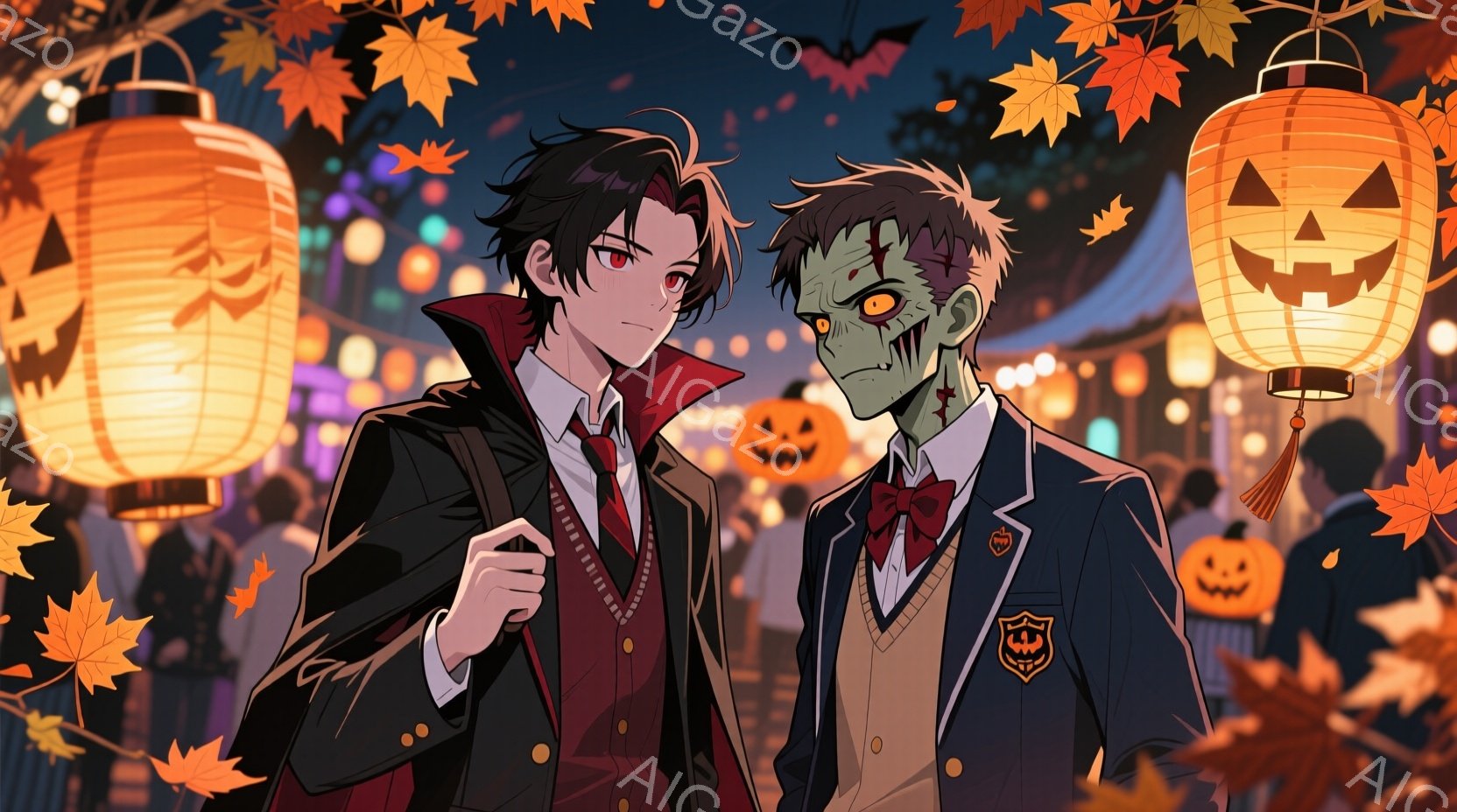 鮮やかなオレンジ色のハロウィーンの提灯と落ち葉が舞う中、ヴァンパイアとゾンビの若い男性が並んで立っている。ヴァンパイアは赤い目と整った黒髪を持ち、赤いアクセントが入った黒いスーツとベストを着用し、自信 - AI生成フリー素材
