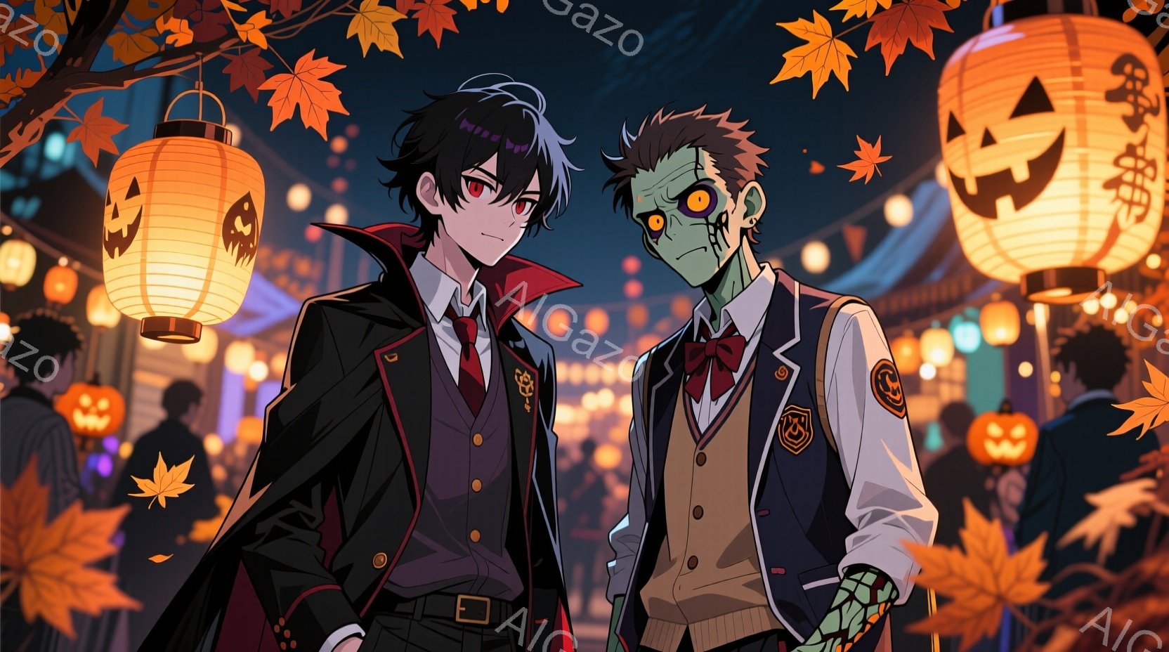 二人の少年がハロウィーンの夜に立っている。黒髪で赤い瞳を持つ少年は、黒い制服に赤いネクタイ、マントを羽織り、少し自信に満ちた表情をしている。もう一人の少年は緑色の肌をしており、目の下にクマがある、ゾン - AI生成フリー素材