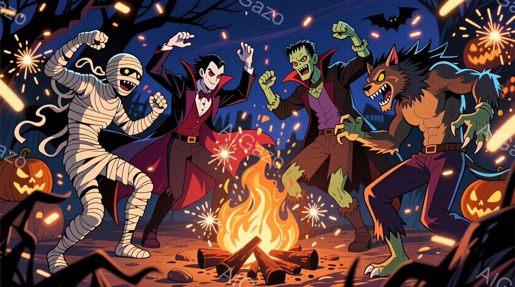 画面には、ハロウィーンを祝うミイラ、ヴァンパイア、フランケンシュタインの怪物、狼男の4人のモンスターが描かれています。彼らは焚き火の周りで踊ったり、ポーズをとったりしており、愉快な表情をしています。背 - AI生成フリー素材