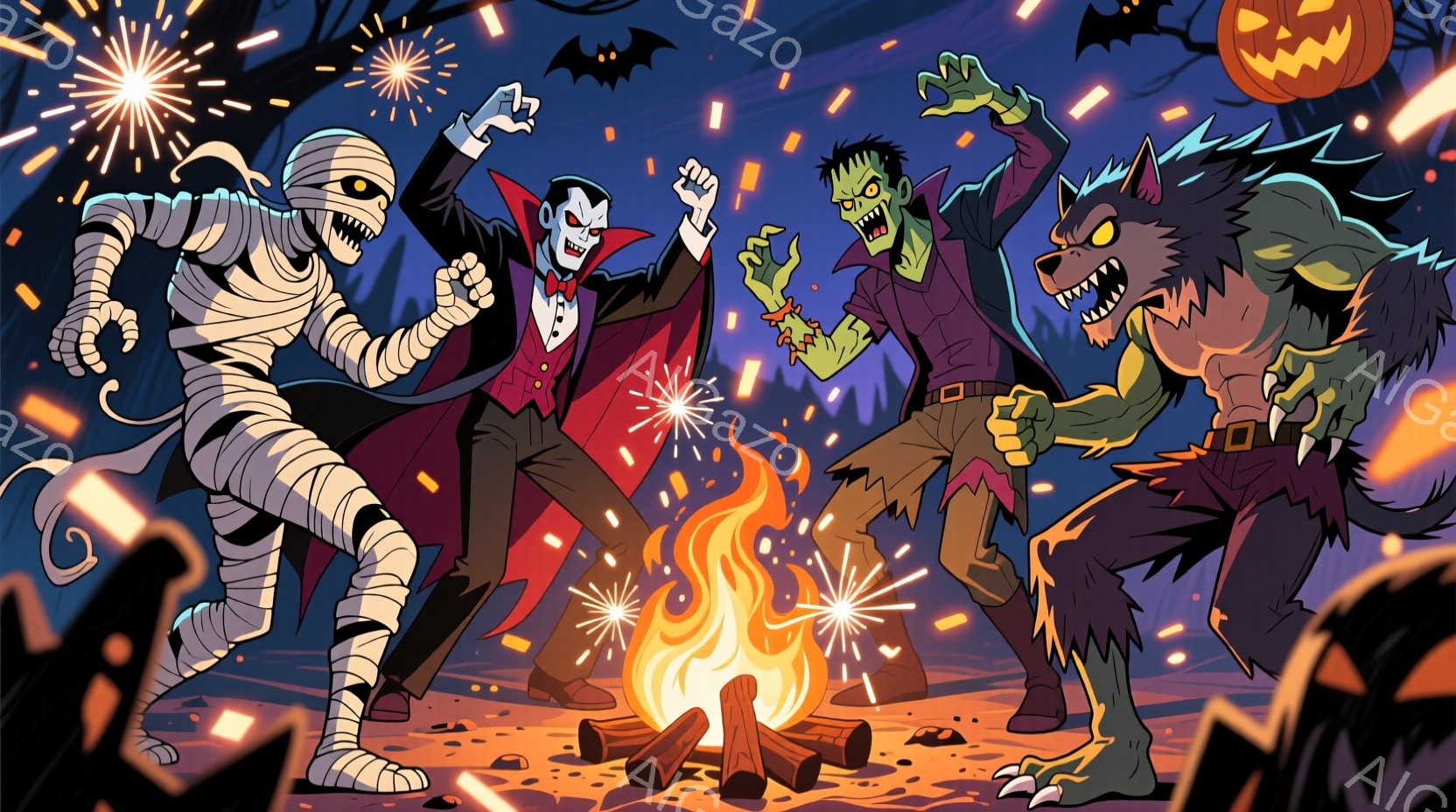 画面には、ハロウィーンを祝うミイラ、吸血鬼、フランケンシュタインの怪物、狼男の４人が描かれている。彼らは焚き火の周りで踊り、楽しんでいる様子で、背景には不気味な木々とカボチャ、そして夜空に舞うコウモリ - AI生成フリー素材