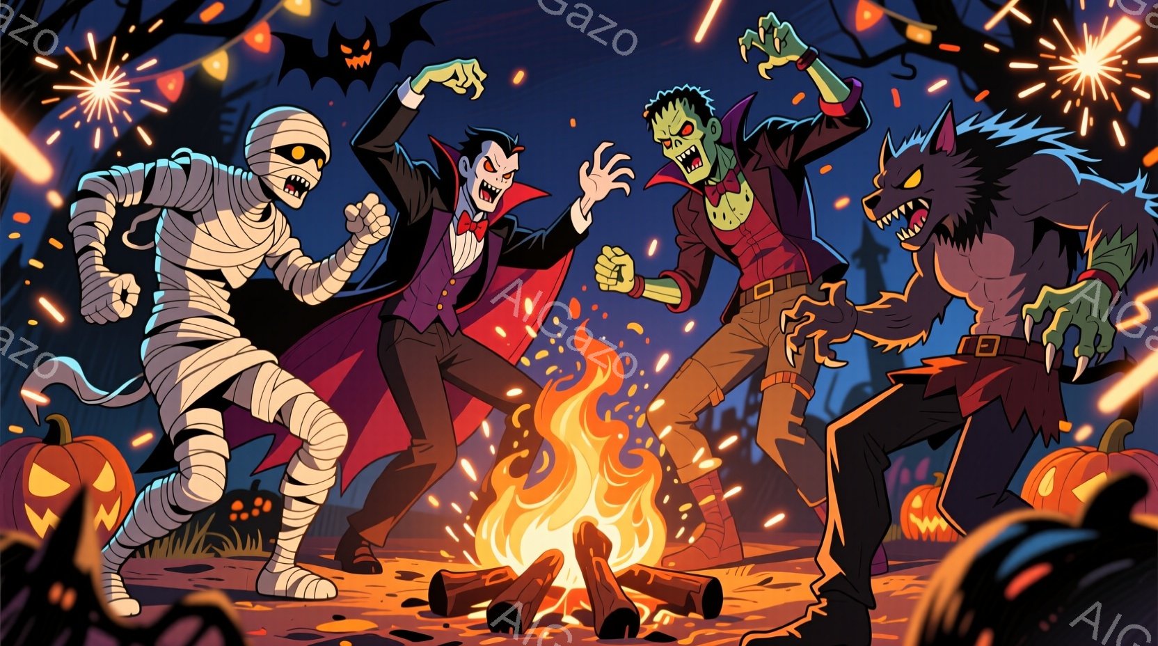 ハロウィーンをテーマにしたイラストで、ミイラ男、吸血鬼、フランケンシュタインの怪物、狼男が焚き火を囲んで踊っています。ミイラ男は包帯で全身が覆われ、吸血鬼は黒いスーツに赤いネクタイを締め、フランケンシ - AI生成フリー素材