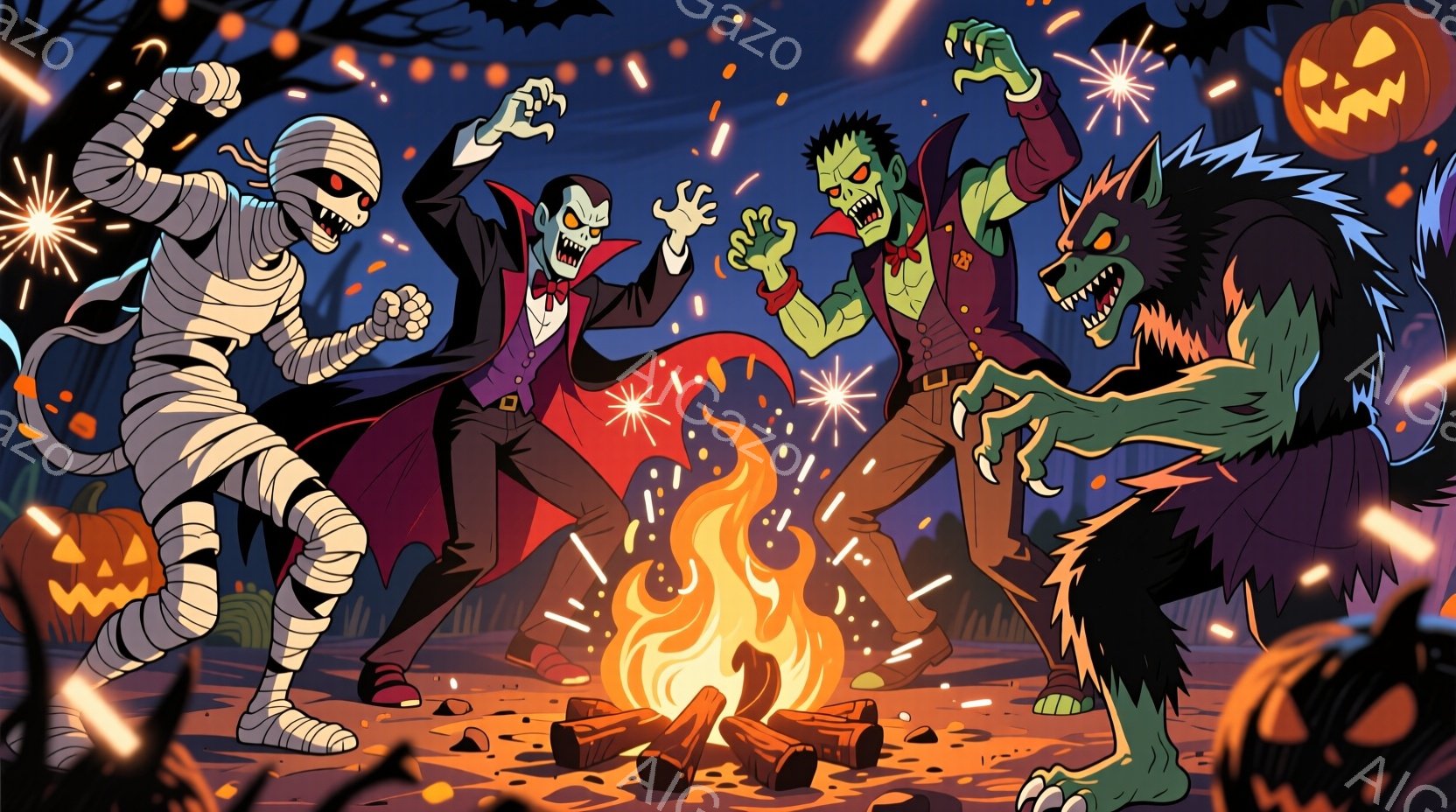 夜の背景に、ミイラ、吸血鬼、フランケンシュタイン、狼男のモンスターたちが焚き火を囲んで踊っています。それぞれのモンスターはハロウィーンらしい服装で、興奮した表情をしています。背景にはカボチャのランタン - AI生成フリー素材