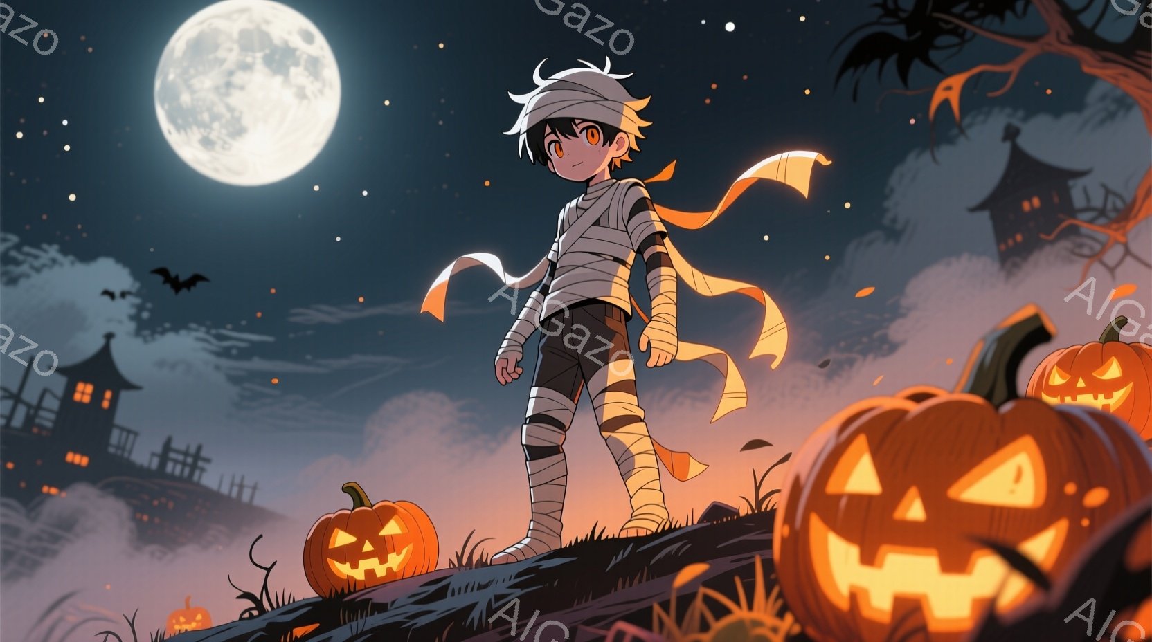 夜の丘の上に、ミイラのような衣装を着た少年が立っている。彼は黒髪で、少し困ったような表情をしており、腕には包帯が巻かれている。背景には、不気味な屋敷、木々、そしてカボチャが並び、満月が輝く夜空がハロウ - AI生成フリー素材