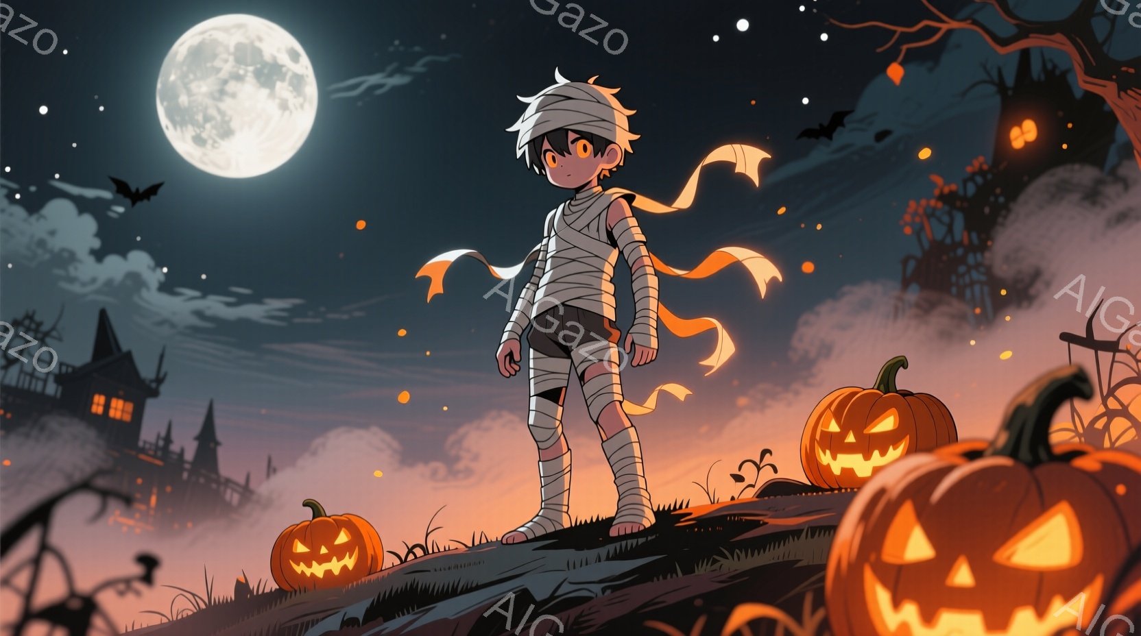 包帯でミイラのように巻かれた少年が、オレンジ色に光るハロウィンのカボチャに囲まれた丘の上に立っている。背景には、霧に包まれた古城と、夜空に浮かぶ満月、そして飛び交うコウモリが見える。全体的に、ハロウィンの不気味で幻想的な雰囲気が漂っている。