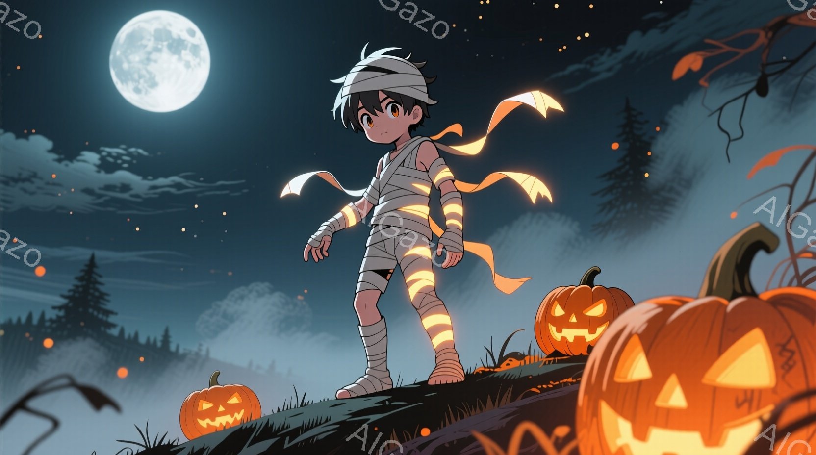 少年はハロウィーンのミイラの衣装を着て、緑の丘の上に立っています。彼の髪は黒く、表情は少し自信がありそうです。背景には、光るジャック・オー・ランタン、暗い森、そして満月が浮かぶ夜空が広がっており、お祭 - AI生成フリー素材