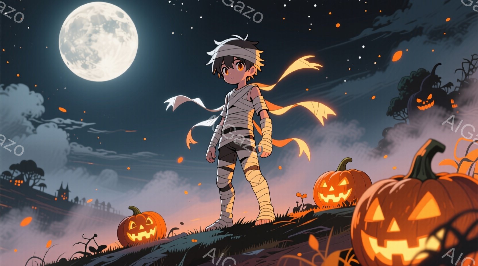 少年はミイラの衣装を身につけ、包帯で体を覆っています。黒髪で、少し微笑んでいるような表情をしています。背景には、シルエットの建物、ジャック・オー・ランタン、そして暗い空に輝く満月があり、ハロウィーンの - AI生成フリー素材