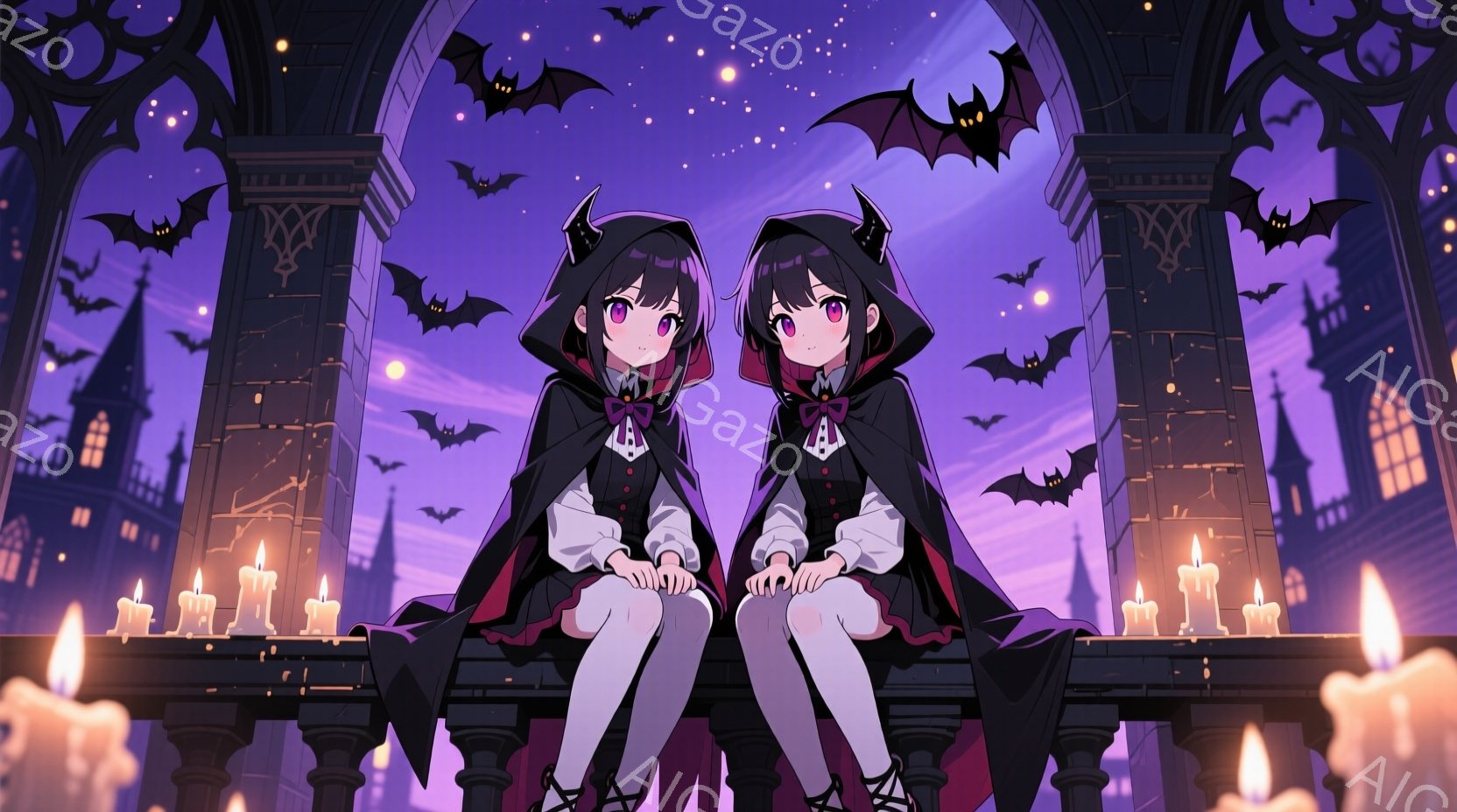 二人の少女が、ゴシック調の建築物が並ぶ夜の街並みで、肩を並べて座っています。黒い髪に赤いリボン、黒いマントと白いシャツ、そして黒いニーハイソックスという衣装を身につけ、表情はどこか物憂げです。周囲にはキャンドルが灯り、背景にはシルエットの建物と夜空を舞うコウモリが見られ、ハロウィーンのような神秘的な雰囲気を醸し出しています。