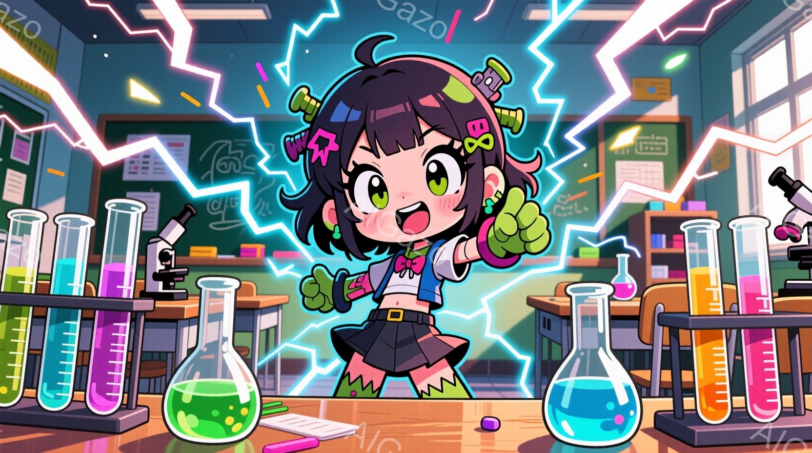 少女は科学実験室で、フリル付きの白いブラウス、黒いミニスカート、赤いリボンをつけた茶色の髪で、興奮した表情で両手を上げています。背景には試験管や顕微鏡が並び、青と緑の電気のような光が彼女の周りを駆け巡り、活気に満ちた実験室の様子が描かれています。全体的に、活発でエネルギッシュな雰囲気が漂い、科学への好奇心と楽しさを表現しています。