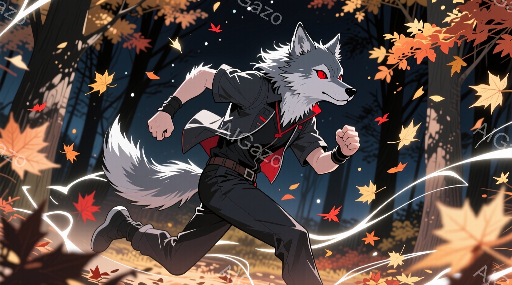 灰色の毛並みを持つ狼の男が、秋の森の中を力強く走り出している。黒いシャツに赤いネクタイ、黒いズボンといういでたちで、動きに合わせて毛皮の尾が翻っている。背景には紅葉した木々と舞い散る紅葉が描かれ、疾走 - AI生成フリー素材