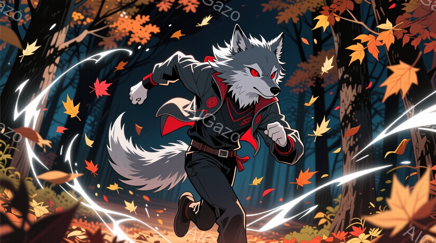 白と灰色の毛並みを持つ、人狼のようなキャラクターが描かれている。彼は黒いズボンと赤い縁取りのある黒いジャケットを着用し、力強く走り出している。背景は鮮やかな紅葉の木々と落ち葉で埋め尽くされた森で、スピード感と秋の雰囲気が強調されている。