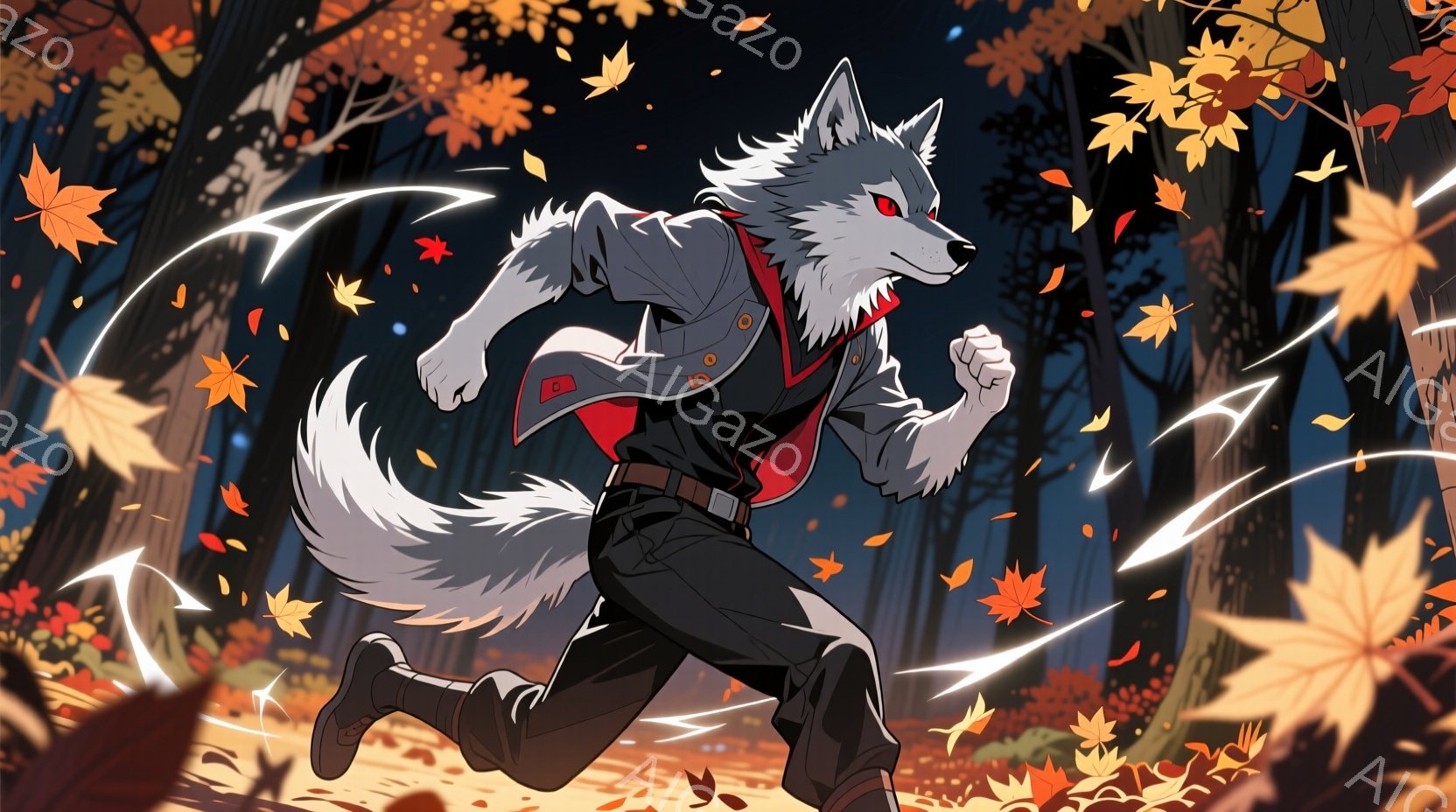 白い毛並みを持つ、狼のような男が森の中を駆け抜けている。彼は黒いズボンと白いシャツに赤いベストを着用し、足元はブーツで、躍動感のある姿勢で走っている。背景は赤や黄色の紅葉で彩られ、落ち葉が舞い散る秋の - AI生成フリー素材