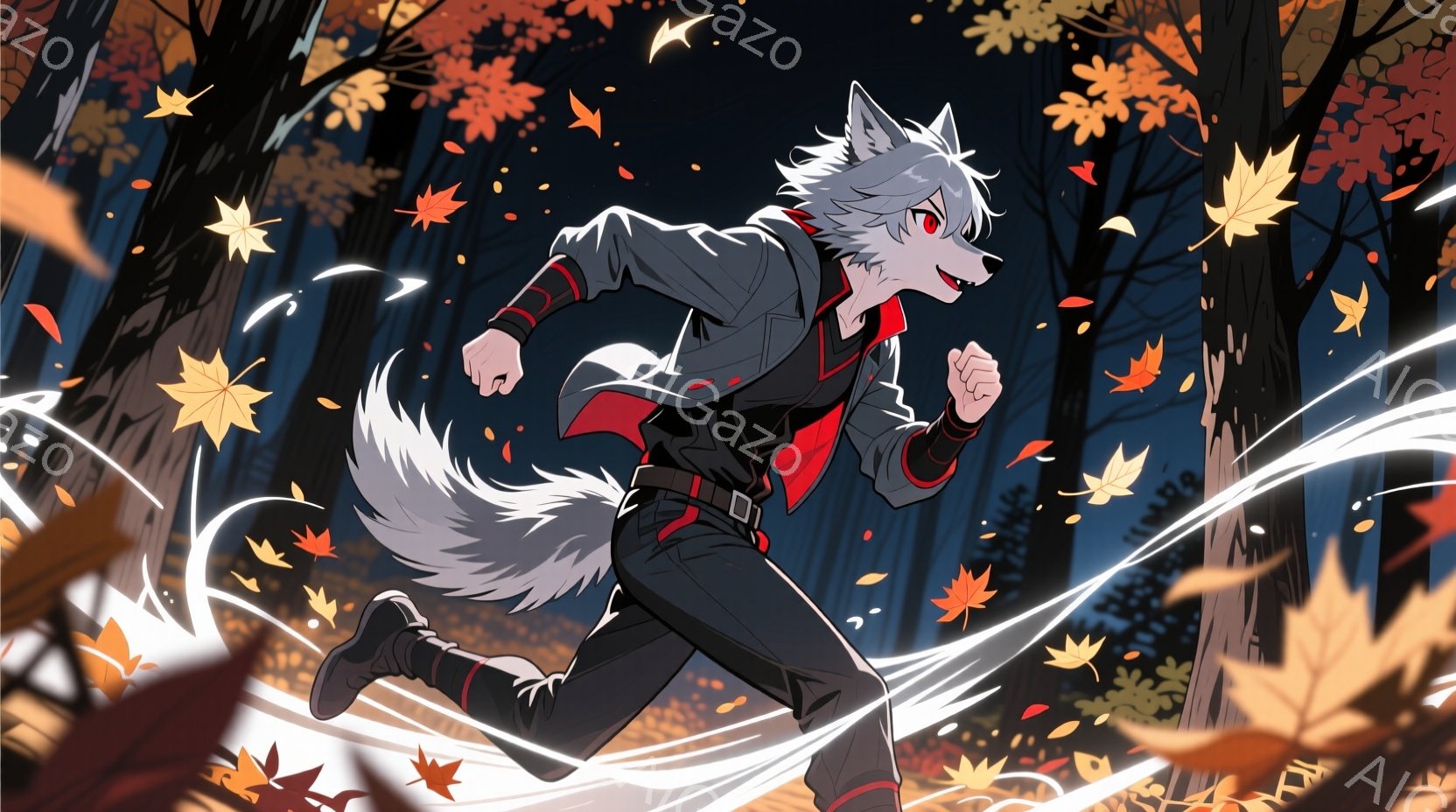 白髪で狼のような特徴を持つ男性が、秋の森の中を走っている。彼は黒いズボンとジャケット、赤いシャツを着ており、表情は真剣で、スピード感を強調している。背景には紅葉した木々と舞い散る葉があり、ダイナミックな空気の流れが彼の周りを囲み、活気と躍動感に満ちた雰囲気を醸し出している。