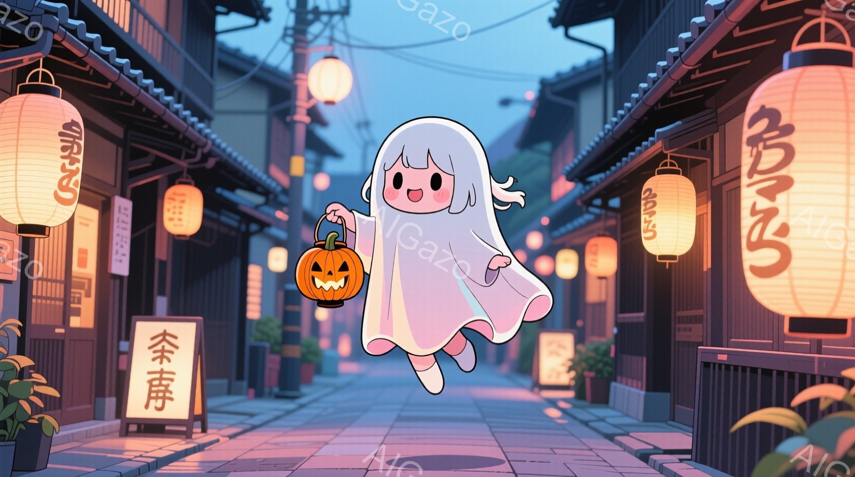 白い幽霊のような姿の女の子が、オレンジ色のジャック・オー・ランタンを持って、石畳の道の上を浮かんでいます。彼女は短い黒髪で、楽しそうな笑顔を見せており、全体的に可愛らしい印象です。背景には、伝統的な日 - AI生成フリー素材