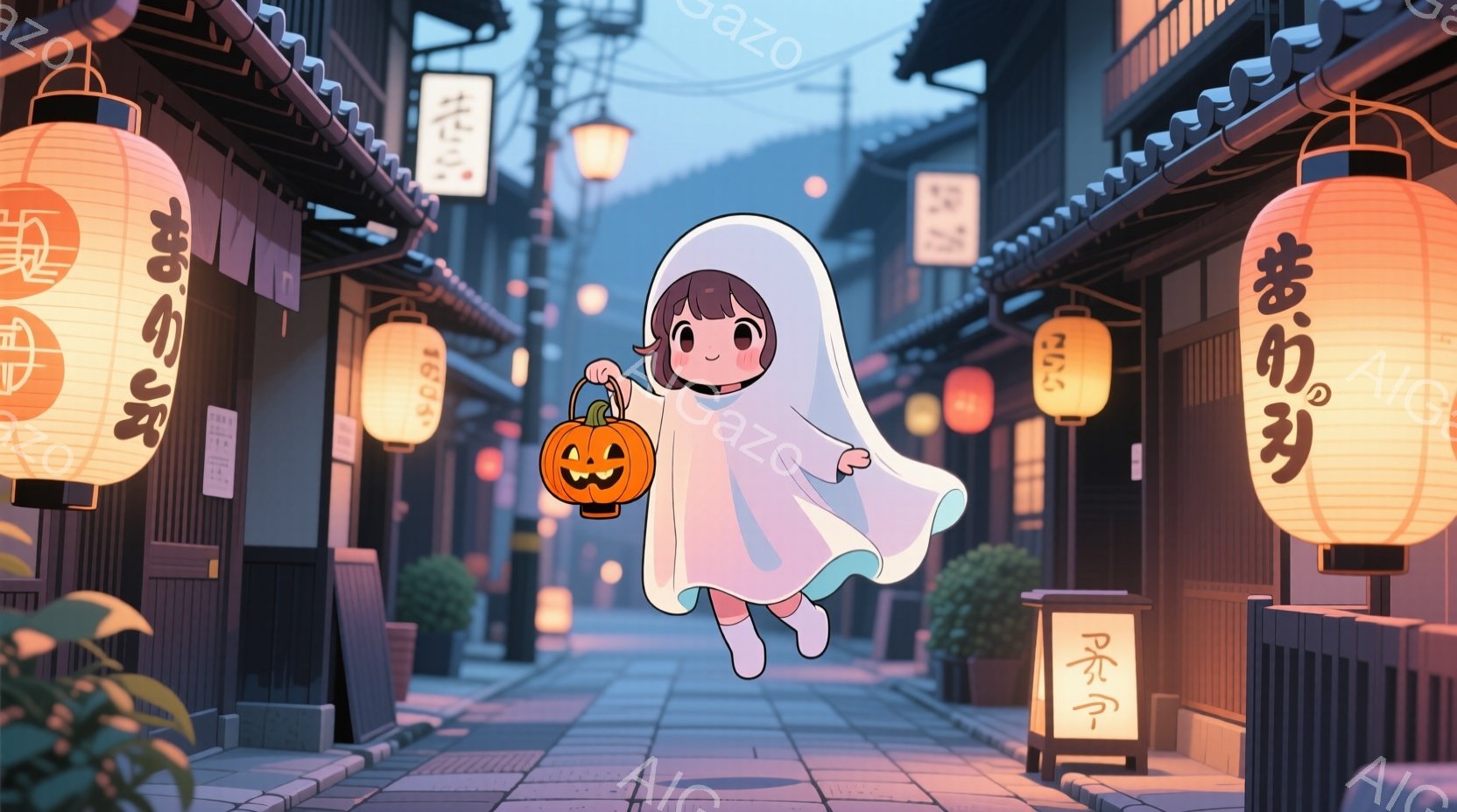 ハロウィーンをテーマにしたロックコンサートの様子を描いています。フランケンシュタイン風の緑色の髪とモンスターのメイクをした少年と、狼男風の灰色の毛並みと耳を持つキャラクターが、ステージ上でギターを弾い - AI生成フリー素材