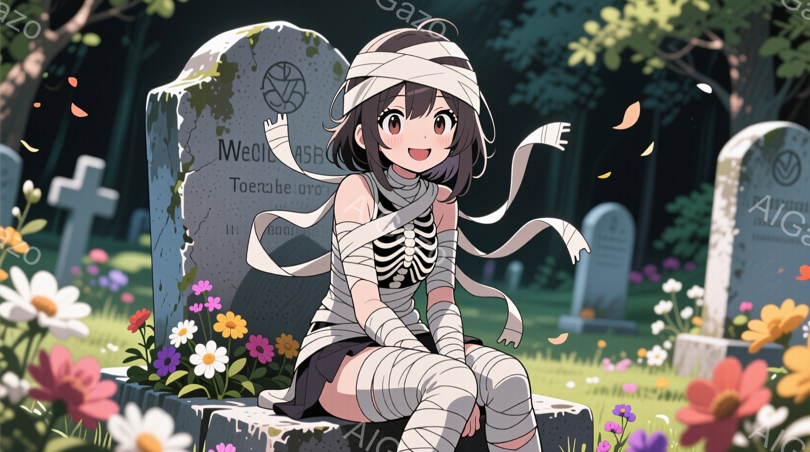 墓石の上に座っている若い女性を描いています。彼女はハロウィーン風の衣装で、包帯で体を覆い、黒いボディスーツを着ています。彼女は笑顔で、紫色の髪は短いボブカットで、背景には様々な花が咲き乱れ、墓石が並び、薄暗い森が広がっています。