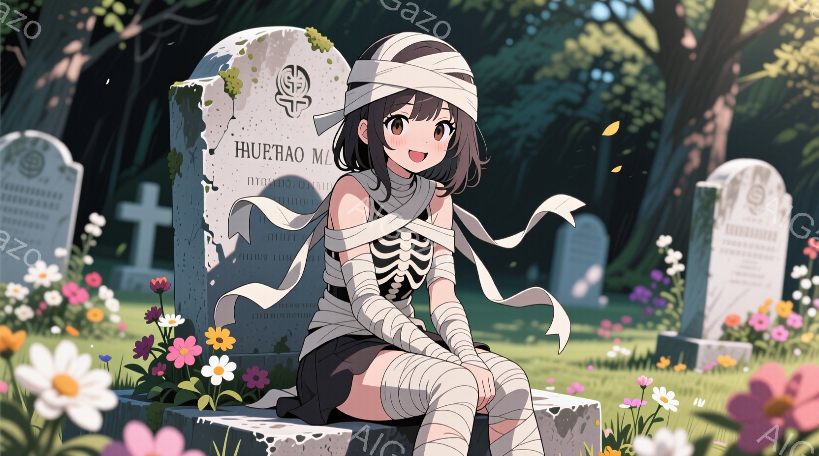 墓石に座って微笑んでいる若い女性を描いています。彼女はミイラの包帯で手足が巻かれ、ハロウィーン風の衣装を着ており、黒いスカートを履いています。背景には緑豊かな草地、色とりどりの花々、そして他の墓石が点在し、穏やかで少し奇妙な雰囲気を醸し出しています。