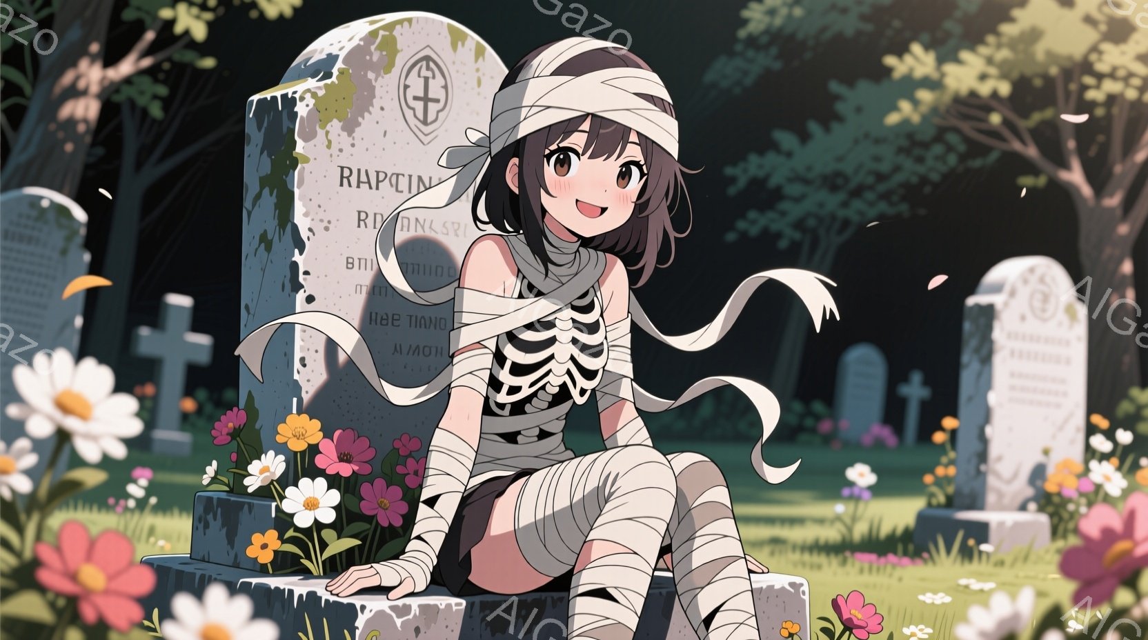 暗い緑色の芝生と墓石に囲まれた若い女性が描かれています。彼女はハロウィーン風の衣装を着ており、白とベージュの包帯で体を包み、黒いスカートと白いブラウスを着ています。彼女は膝を抱え、少し微笑んでおり、背 - AI生成フリー素材