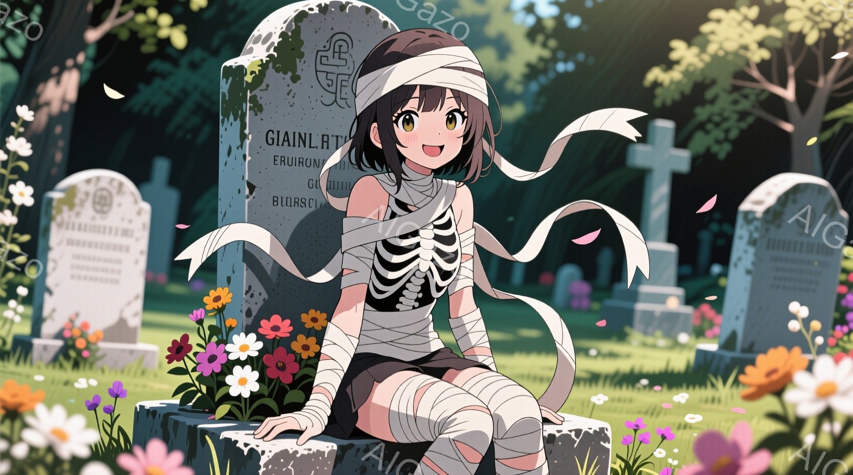 ミイラのような衣装を身に着けた若い女性が墓石に座っている様子を描いています。彼女はピンク色の髪をリボンで結い、明るい笑顔を浮かべており、衣装は白と黒のストライプで、ところどころ包帯がほどけています。背景には墓石、鮮やかな花々、そして穏やかな日差しが差し込む緑豊かな草原が広がっており、どこかユーモラスで平和な雰囲気を醸し出しています。
