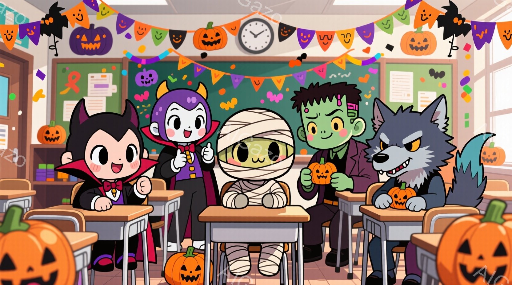 ハロウィーンの衣装を着たキャラクターたちが教室に集まっています。吸血鬼、魔女、ミイラ、フランケンシュタイン、狼男がそれぞれカボチャを持って座っており、楽しそうな表情をしています。教室はハロウィーンの飾 - AI生成フリー素材