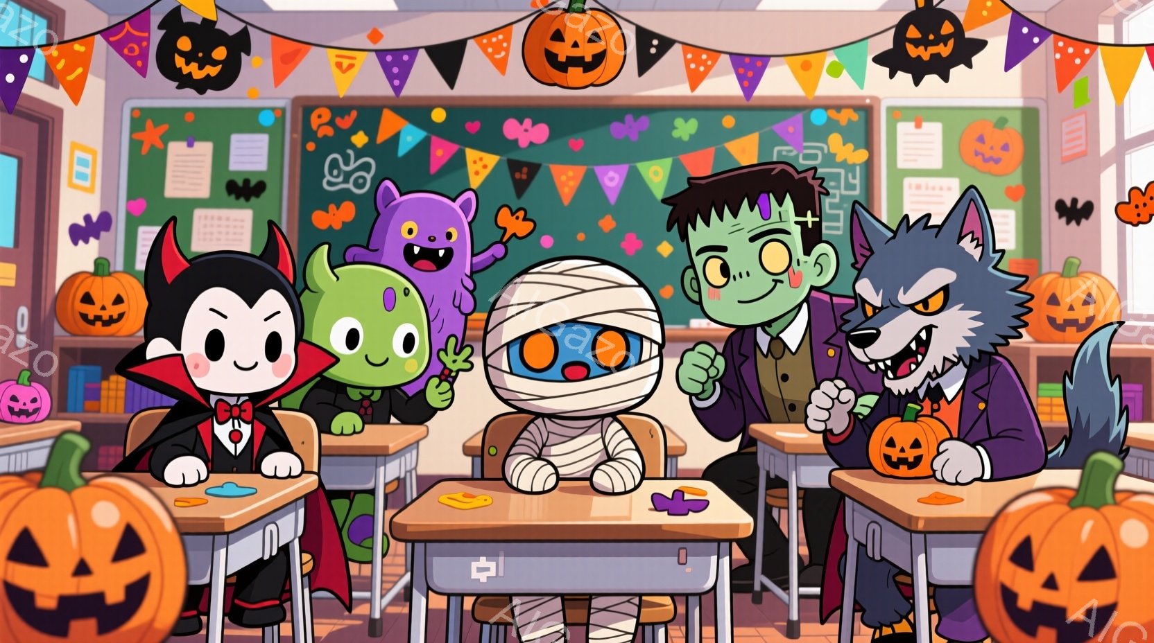 ハロウィーンをテーマにした教室で、モンスターたちが机を囲んで座っています。吸血鬼、ミイラ、フランケンシュタイン、狼男、そして小さな緑色のモンスターが、それぞれハロウィーンの衣装を着ており、明るい表情で - AI生成フリー素材