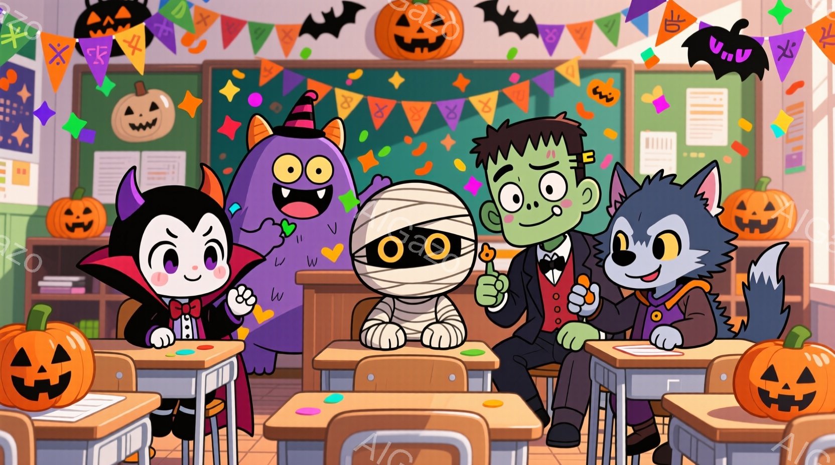 ハロウィーンの教室を舞台に、吸血鬼、ミイラ、フランケンシュタイン、狼男のキャラクターが描かれています。吸血鬼は黒い衣装に赤いマントを羽織り、ミイラは包帯で覆われ、フランケンシュタインはスーツを着て、狼 - AI生成フリー素材