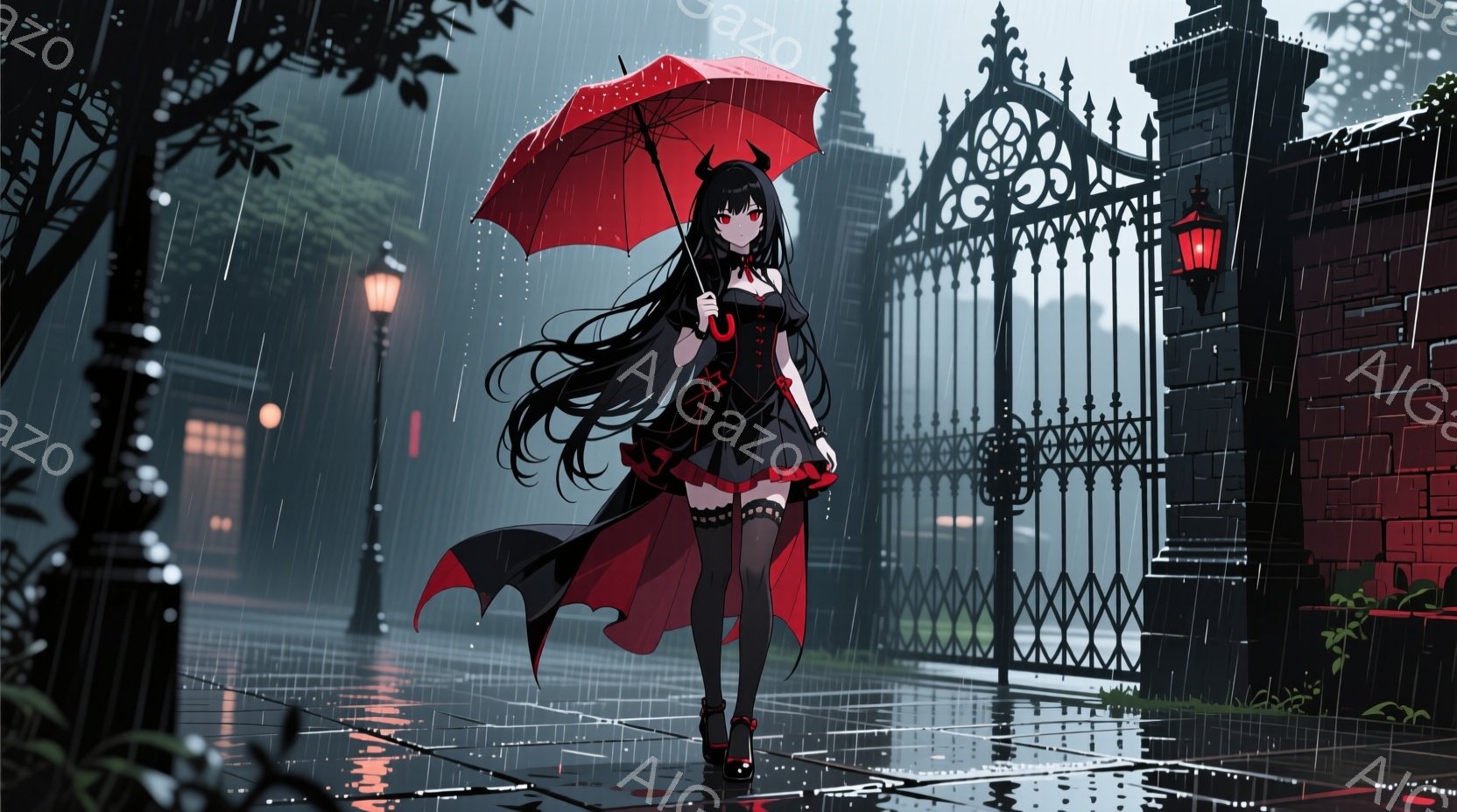 長い黒髪の少女が、雨の中、赤い傘を差して歩いている。彼女は黒いゴシック風のドレス、太もも丈の靴下、赤いハイヒールを身につけ、背中にはコウモリのような翼がついている。背景には鉄柵とレンガの建物があり、雨が地面を濡らし、全体的に陰鬱で幻想的な雰囲気を醸し出している。