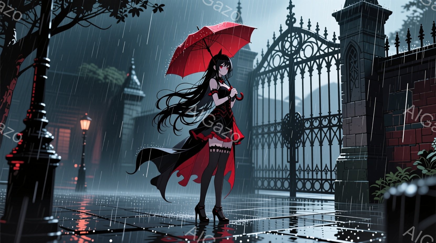 長い黒髪の少女が、雨の中、黒と赤のゴシック調のドレスとハイヒールを身につけて立っている。彼女は赤い傘をさし、少し不機嫌そうな表情で前を見つめている。背景には、鉄製の装飾が施された門と、雨に濡れた石畳の - AI生成フリー素材