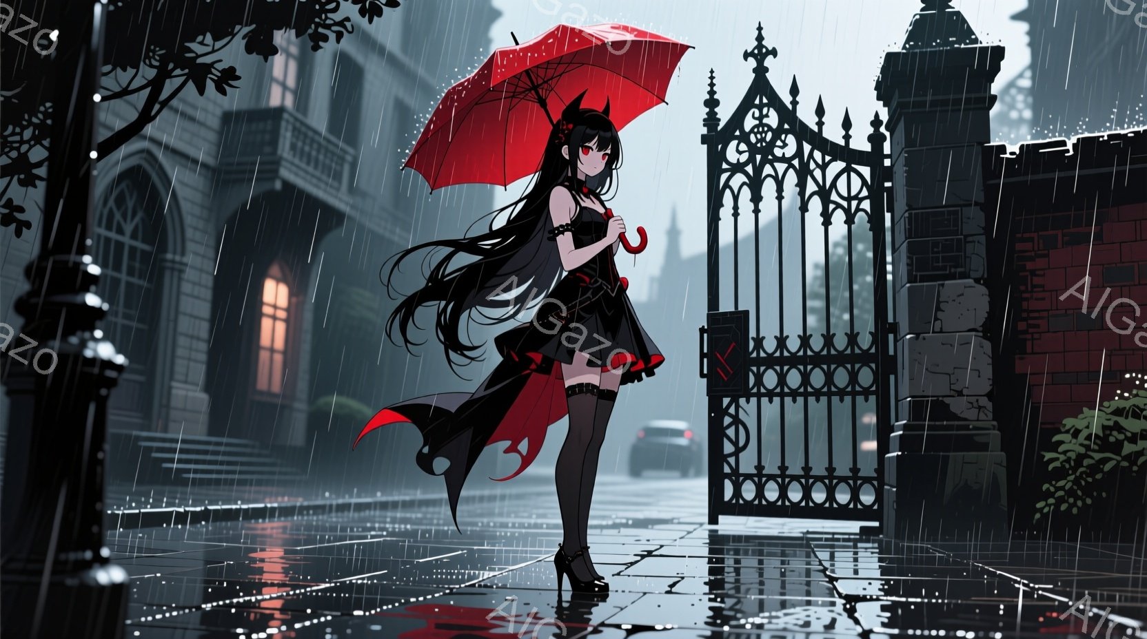 長い黒髪と赤い瞳を持つ少女が、雨の中、黒いドレスとハイヒールを身につけて立っている。彼女は赤い傘をさし、片足を少し上げており、どこか憂いを帯びた表情をしている。背景には、鉄柵に囲まれた石造りの建物と、降りしきる雨に濡れた道路が広がり、陰鬱で幻想的な雰囲気を醸し出している。