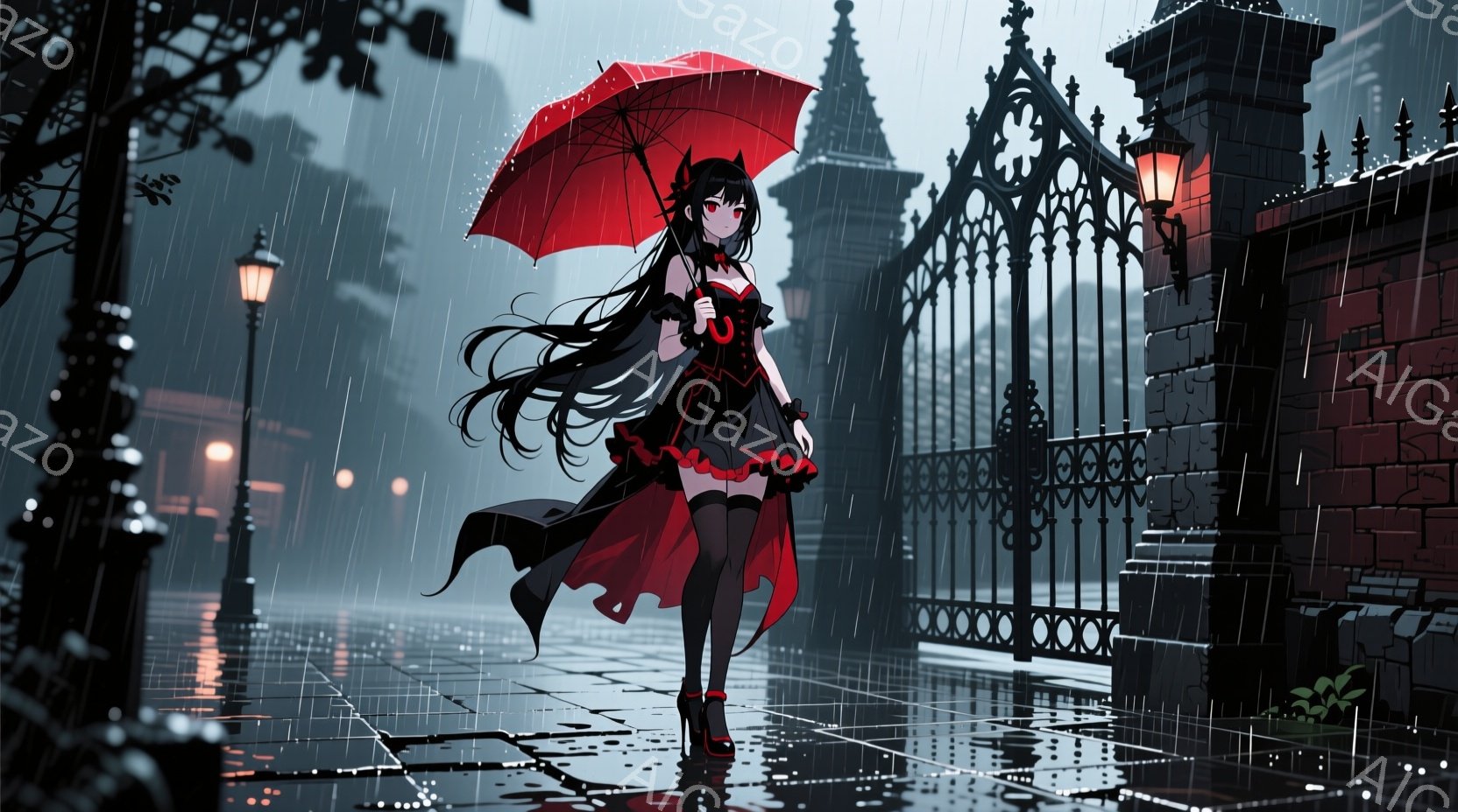 長い黒髪をなびかせ、赤いドレスと黒いニーハイソックスを身につけた少女が、雨の中、赤い傘を差して立っている。彼女は少し前かがみの姿勢で、どこか憂いを帯びた表情をしている。背景には、雨に濡れた石造りの建物と、鉄柵、そして雨粒が降り注ぐ暗い空が広がっており、全体的に物悲しく、幻想的な雰囲気を醸し出している。