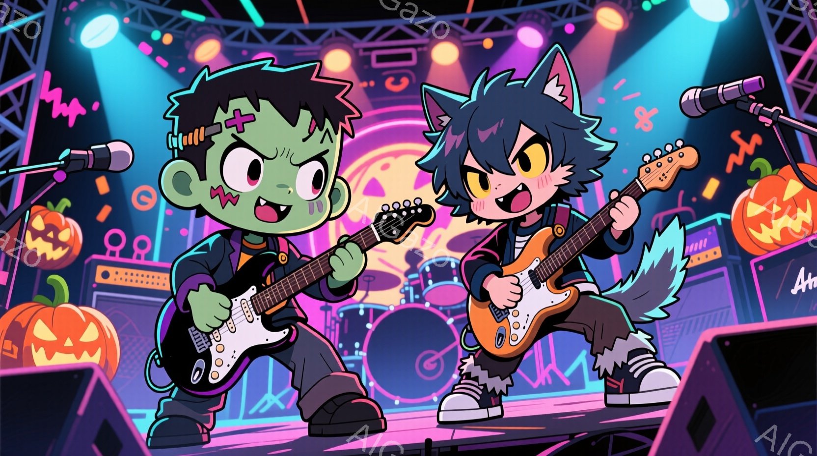 ハロウィーンをテーマにしたライブステージで、フランケンシュタイン風の緑色の髪と顔をした少年と、猫耳と尻尾を持つ黒髪の少年がギターを演奏している。彼らはそれぞれ黒いパンツとスニーカーを履いており、ステー - AI生成フリー素材
