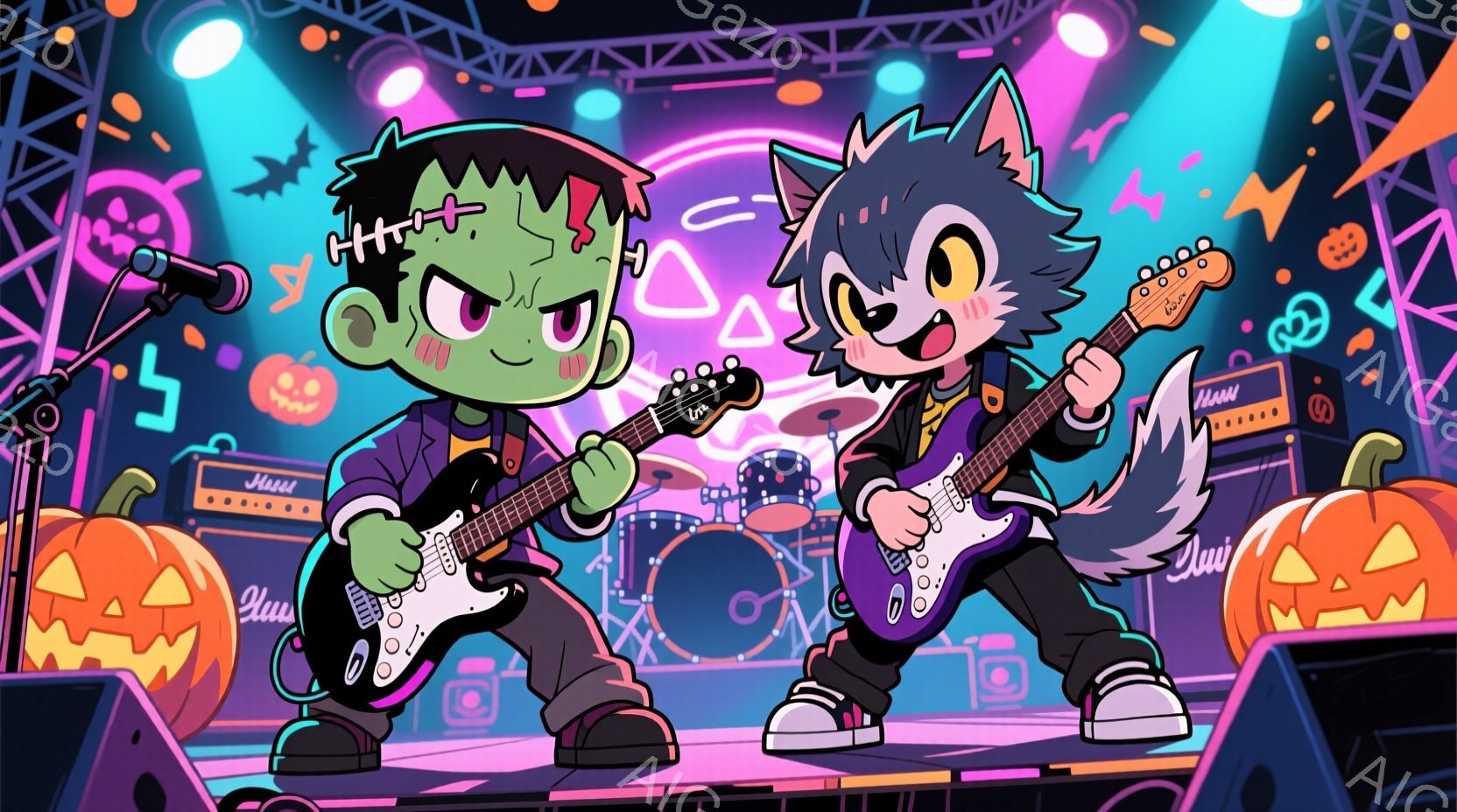 フランケンシュタイン風の少年と狼男風の少年が、ステージ上でギターを演奏しています。二人は黒い服装で、熱狂的な表情で演奏に集中しており、背後にはハロウィーンの装飾や楽器が配置されています。背景は紫とピン - AI生成フリー素材