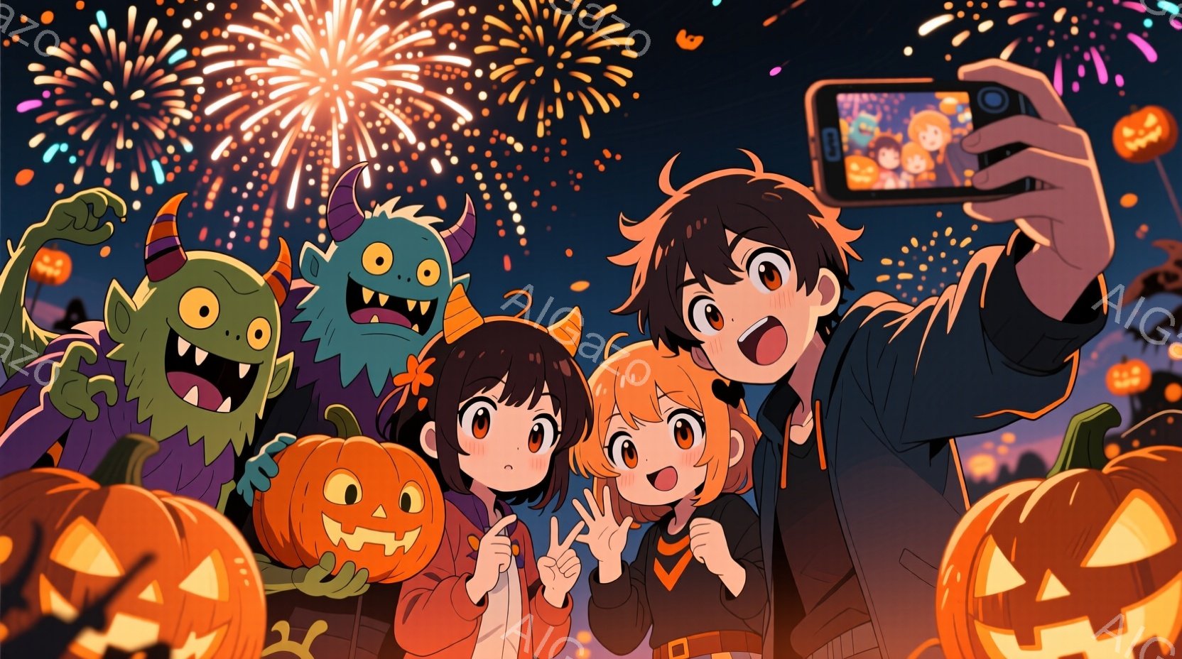 ハロウィーンの夜に、少年少女とモンスターたちが集まって自撮りしているイラストです。少年は黒髪で、オレンジ色の髪の少女と茶髪の少女に挟まれ、笑顔でカメラ目線です。背景には、ジャック・オー・ランタンやハロウィーンの装飾、夜空に打ち上げられる花火があり、お祭り騒ぎの楽しい雰囲気が伝わってきます。