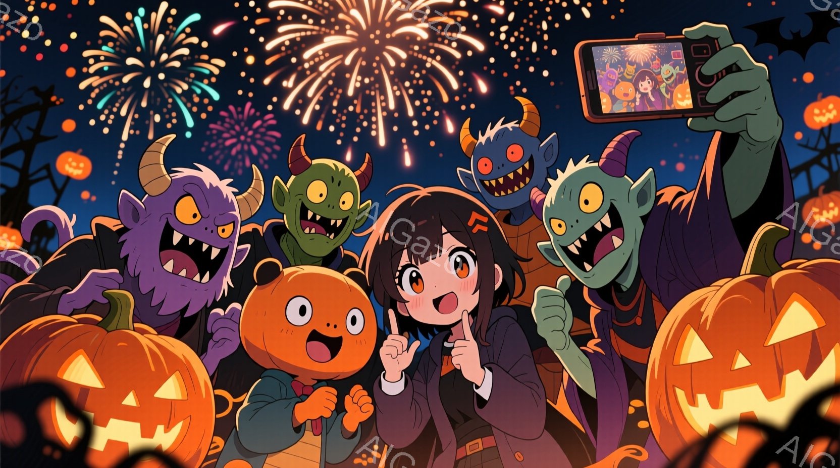 長い茶色の髪をツインテールにした少女が、笑顔でカメラに向かってピースサインを送っています。彼女の周りには、不気味な笑顔のモンスターや、可愛らしいカボチャのキャラクターたちが集まっており、ハロウィンの夜を楽しんでいるようです。背景には、オレンジ色に光るジャック・オ・ランタンや、花火が打ち上げられる夜空が描かれ、賑やかで楽しい雰囲気が漂っています。