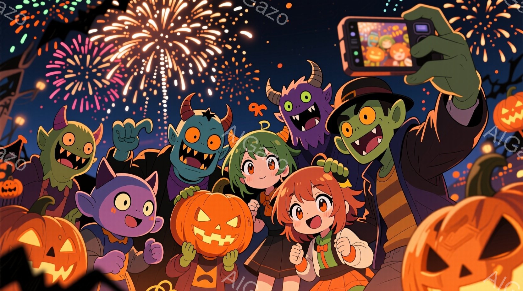 ハロウィンの夜、オレンジ色の髪をツインテールにした少女を中心に、様々なハロウィンキャラクターたちが集まってセルフィーを撮っています。背景には、ジャック・オ・ランタンやシルエットの建物が並び、夜空には花 - AI生成フリー素材