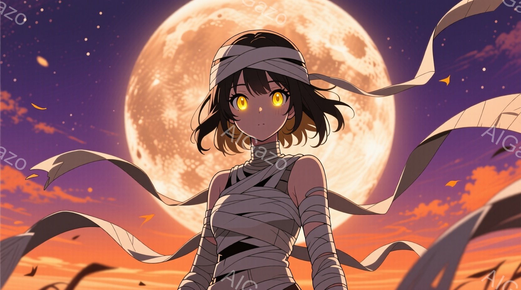 彼女はミイラのような包帯で上半身を覆っており、ダークブラウンのウェーブのかかった髪にヘッドバンドをつけている。彼女は上を見上げており、琥珀色の瞳は強い意志を物語っている。背景には満月と、夕焼けのような - AI生成フリー素材