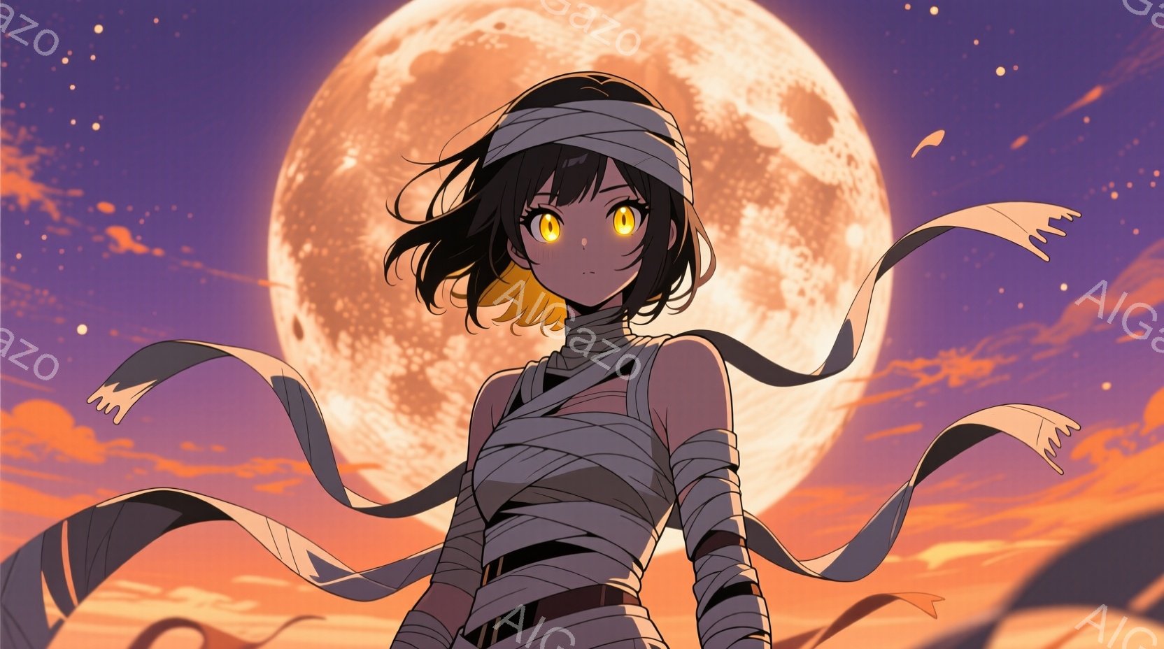 暗い髪とオレンジ色の瞳を持つ女性が描かれています。彼女は白く巻き付けられた布で上半身を覆い、頭には同じ布でヘッドバンドを巻いています。背景には大きくオレンジ色の満月が浮かび、周囲には暗い空と舞い散る白 - AI生成フリー素材