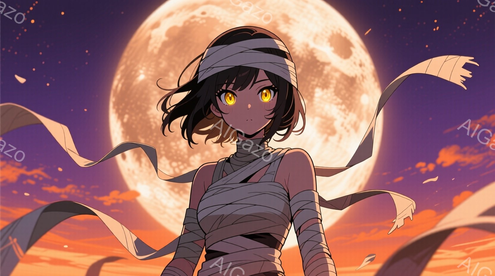 暗い背景を背景に、包帯で体を覆った若い女性が描かれています。彼女は黒髪で、額には包帯を巻いており、鋭い視線で正面を見据えています。背景には大きく明るい満月が輝き、空には何本かの光の筋が描かれ、神秘的で - AI生成フリー素材