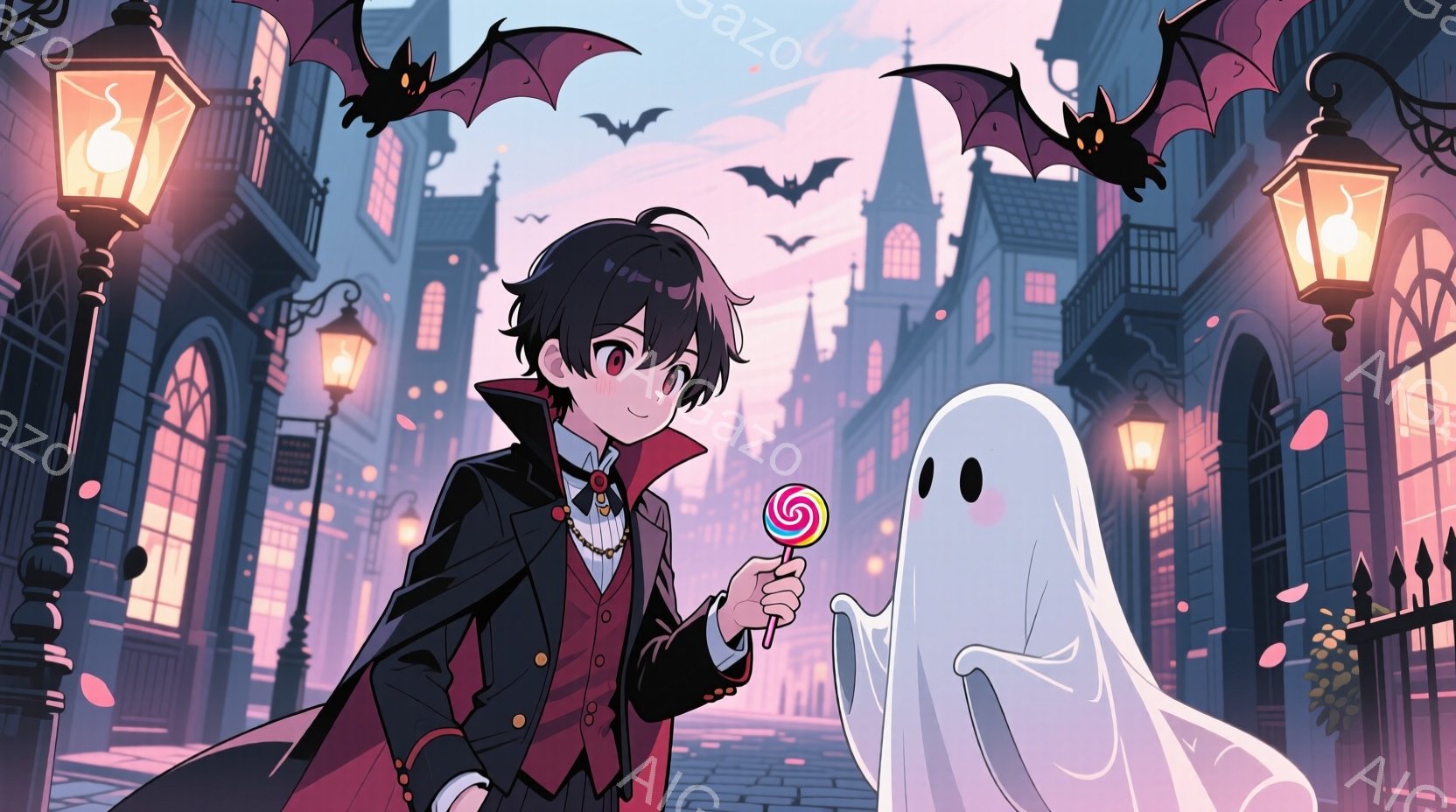 黒髪で、少しカールした前髪を持つ少年が、黒い燕尾服と赤いマントを身に着けて立っています。彼はキャンディを手に持ち、少し照れたような表情をしています。背景には、夕焼け空の下にゴシック様式の建物が並び、空 - AI生成フリー素材