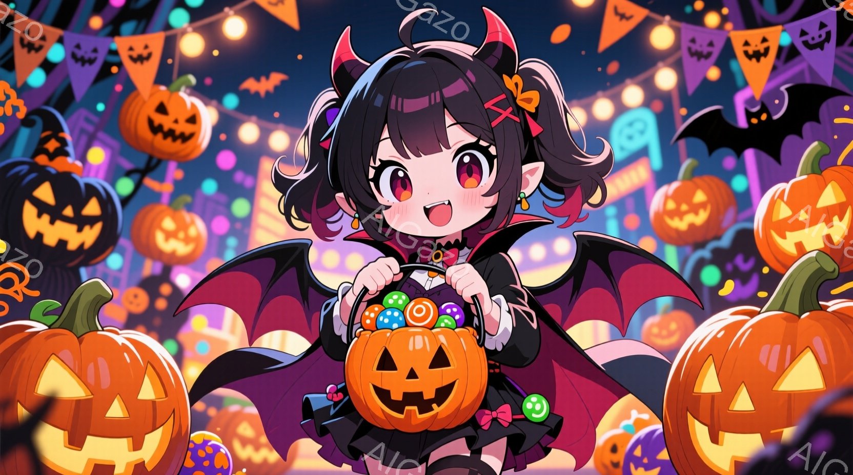 ハロウィーンの衣装を着た少女が、かぼちゃの形をしたお菓子入れを持って微笑んでいます。彼女は黒いドレスに紫色のリボン、そして小さな角の頭飾りをつけており、髪は黒くウェーブがかかっています。背景には、さま - AI生成フリー素材