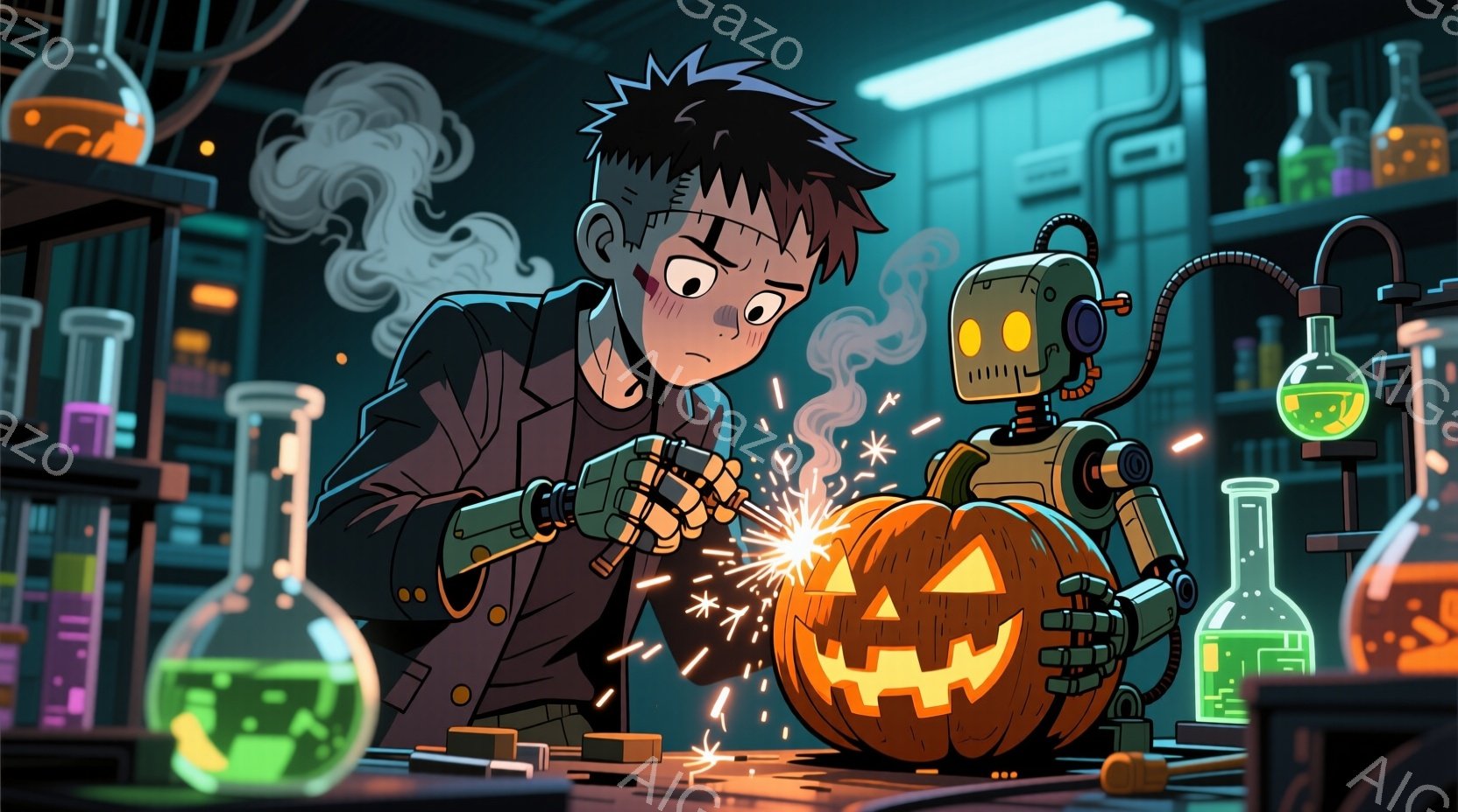 若いフランケンシュタインのような少年が、オレンジ色のカボチャの頭部を持つロボットの修理をしている場面です。少年はダークブラウンのモミアガミで、顔にはフランケンシュタインを彷彿とさせる傷跡があり、集中した表情でロボットの腕に接続されたワイヤーを繋いでいます。背景には試験管や機械が並んだ実験室があり、全体的にハロウィンと科学の融合した、少し不気味で楽しい雰囲気です。