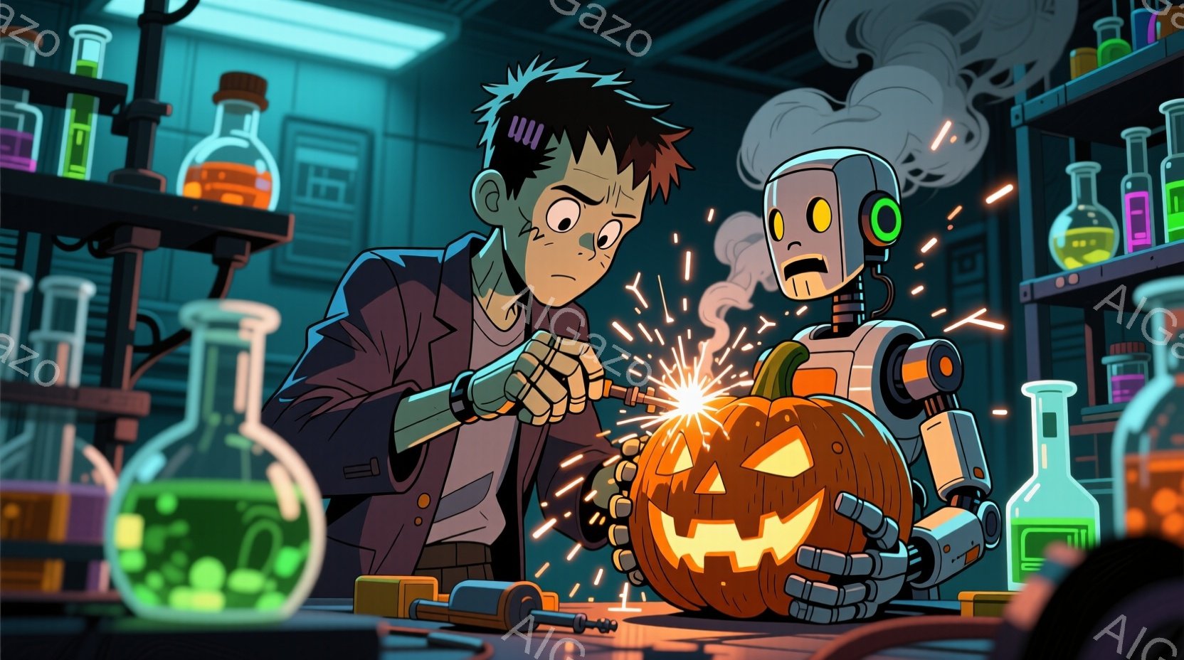 若い科学者は緑色の実験室のコートを着ており、乱れた黒髪と驚いた表情をしています。彼は、カボチャの頭部に接続されたロボットの腕に電気を流しており、ロボットは青い目で驚いた表情をしています。背景には、さまざまな液体が入ったビーカーやフラスコが並んだ棚があり、全体的に不気味で実験的な雰囲気を醸し出しています。