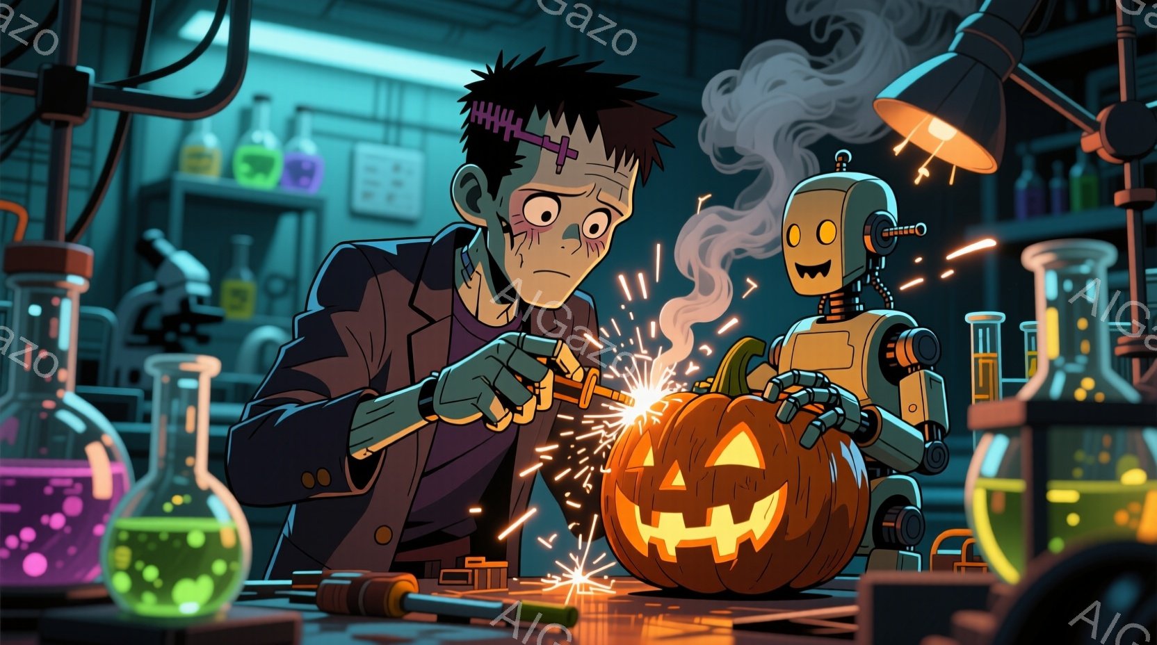 フランクensteinのモンスターが実験室でロボットの修理をしている様子が描かれています。モンスターは緑色の肌とボルトの入った首を持ち、白衣を着用し、驚いた表情をしています。背景には、さまざまなフラスコや実験器具が並び、ハロウィーンの雰囲気を醸し出すカボチャが置かれ、全体的に活気のある、ややユーモラスな雰囲気が漂っています。