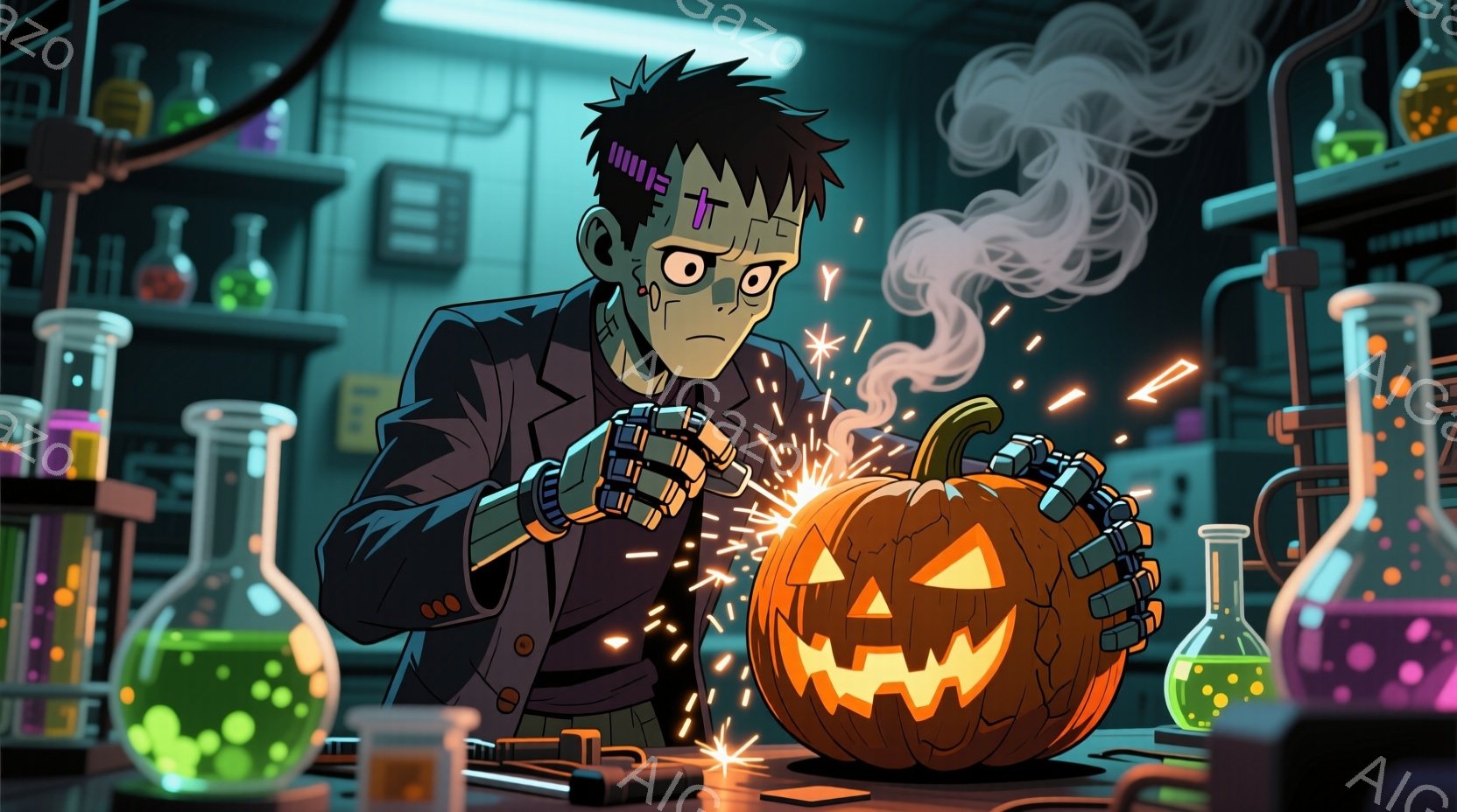 フランケンシュタインに似た男が描かれており、彼は黒いスーツと白いシャツを着ています。彼は彫刻されたジャック・オ・ランタンに機械的な腕を取り付けようとしており、その過程で火花が散っています。背景には、試験管や緑色の液体が入った瓶が並んだ実験室があり、全体的に不気味でユーモラスな雰囲気が漂っています。