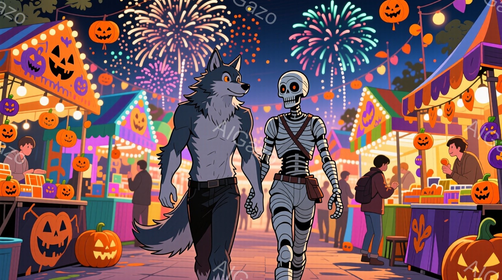 賑やかなハロウィンの夜祭りで、狼男とミイラの姿をした二人が歩いている。狼男は上半身裸でズボンを履き、ミイラは全身を包帯で覆われている。背景には、カボチャのランタンで飾られた屋台が並び、花火が打ち上げられ、ハロウィンの楽しい雰囲気が漂っている。